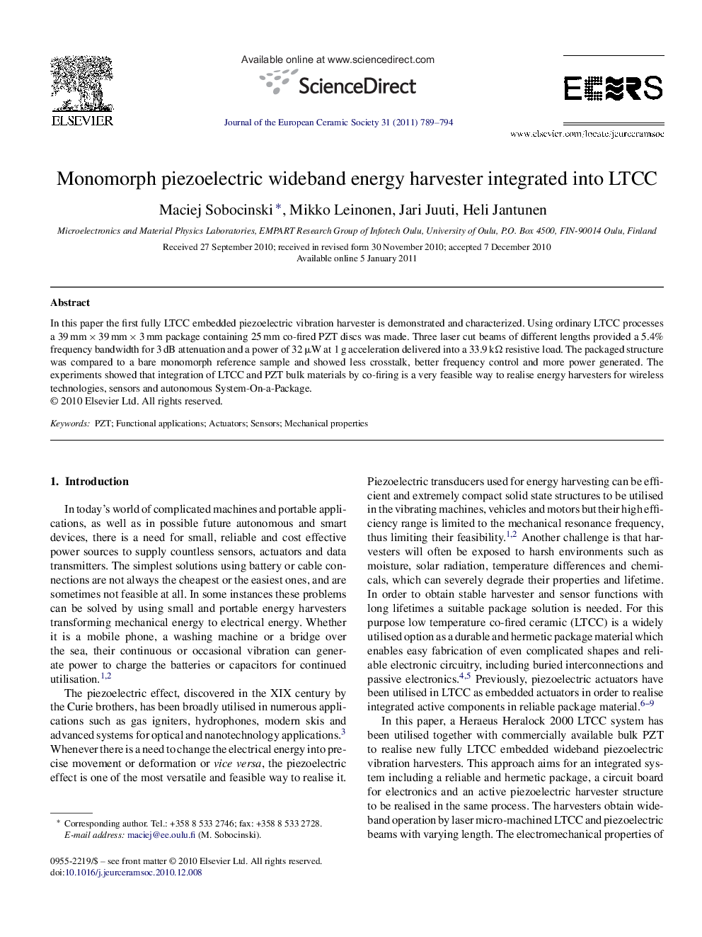 Monomorph piezoelectric wideband energy harvester integrated into LTCC