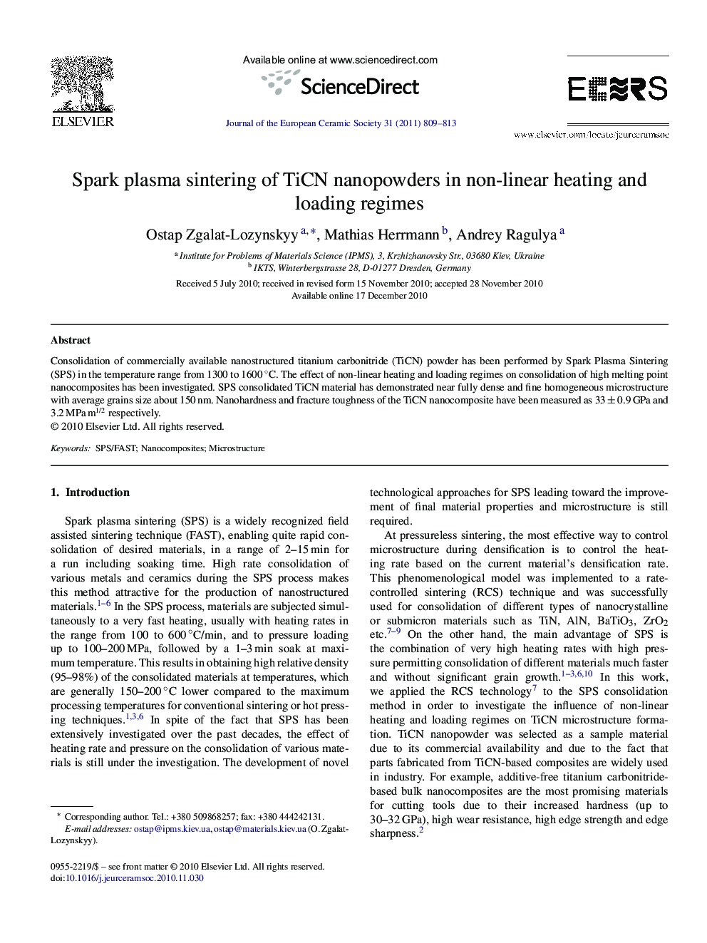 Spark plasma sintering of TiCN nanopowders in non-linear heating and loading regimes