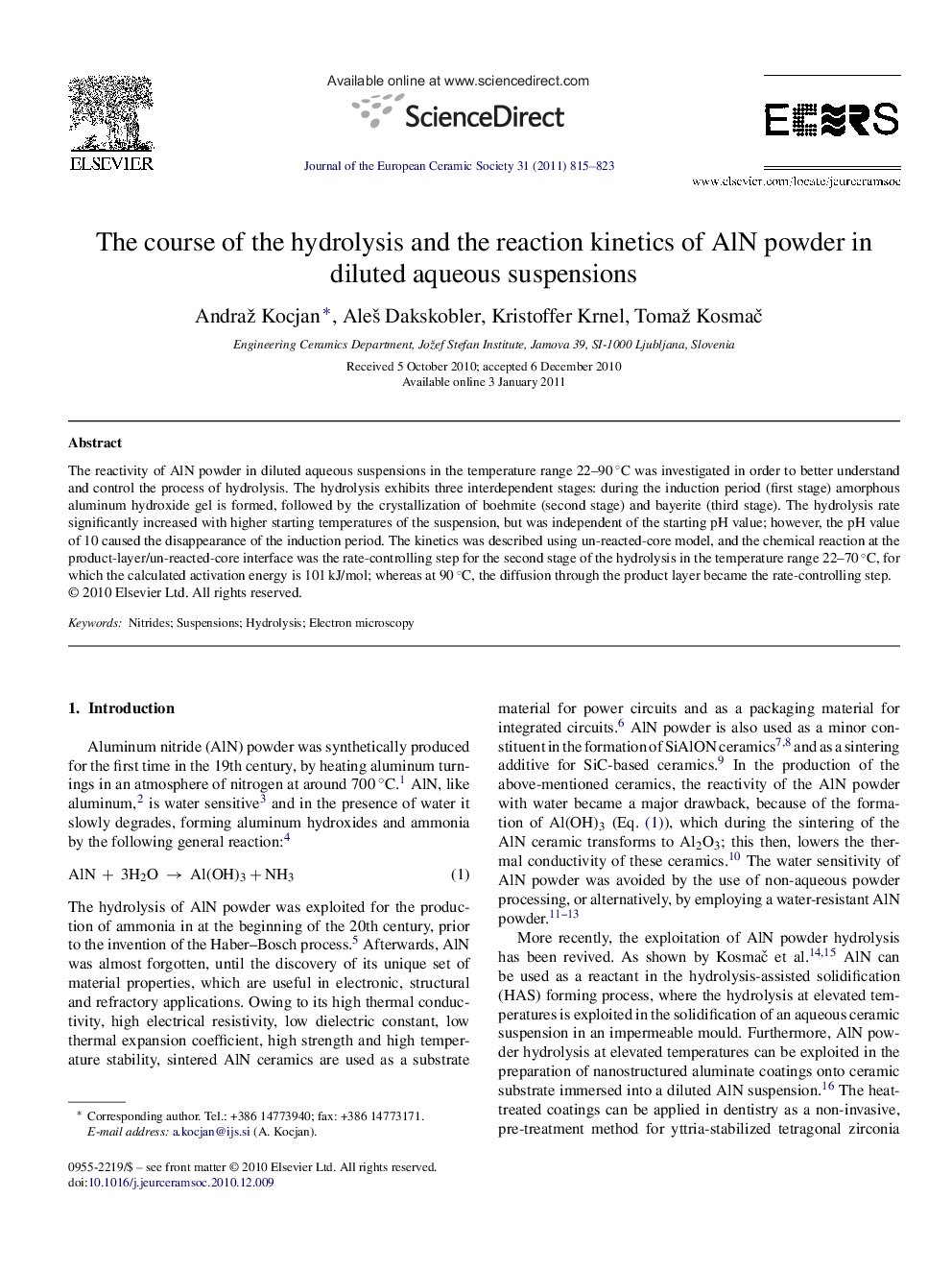 The course of the hydrolysis and the reaction kinetics of AlN powder in diluted aqueous suspensions