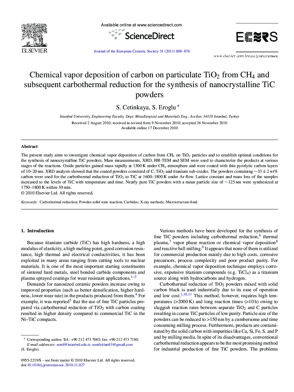 Chemical vapor deposition of carbon on particulate TiO2 from CH4 and subsequent carbothermal reduction for the synthesis of nanocrystalline TiC powders