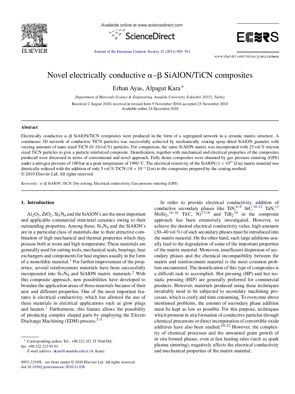 Novel electrically conductive Î±-Î² SiAlON/TiCN composites