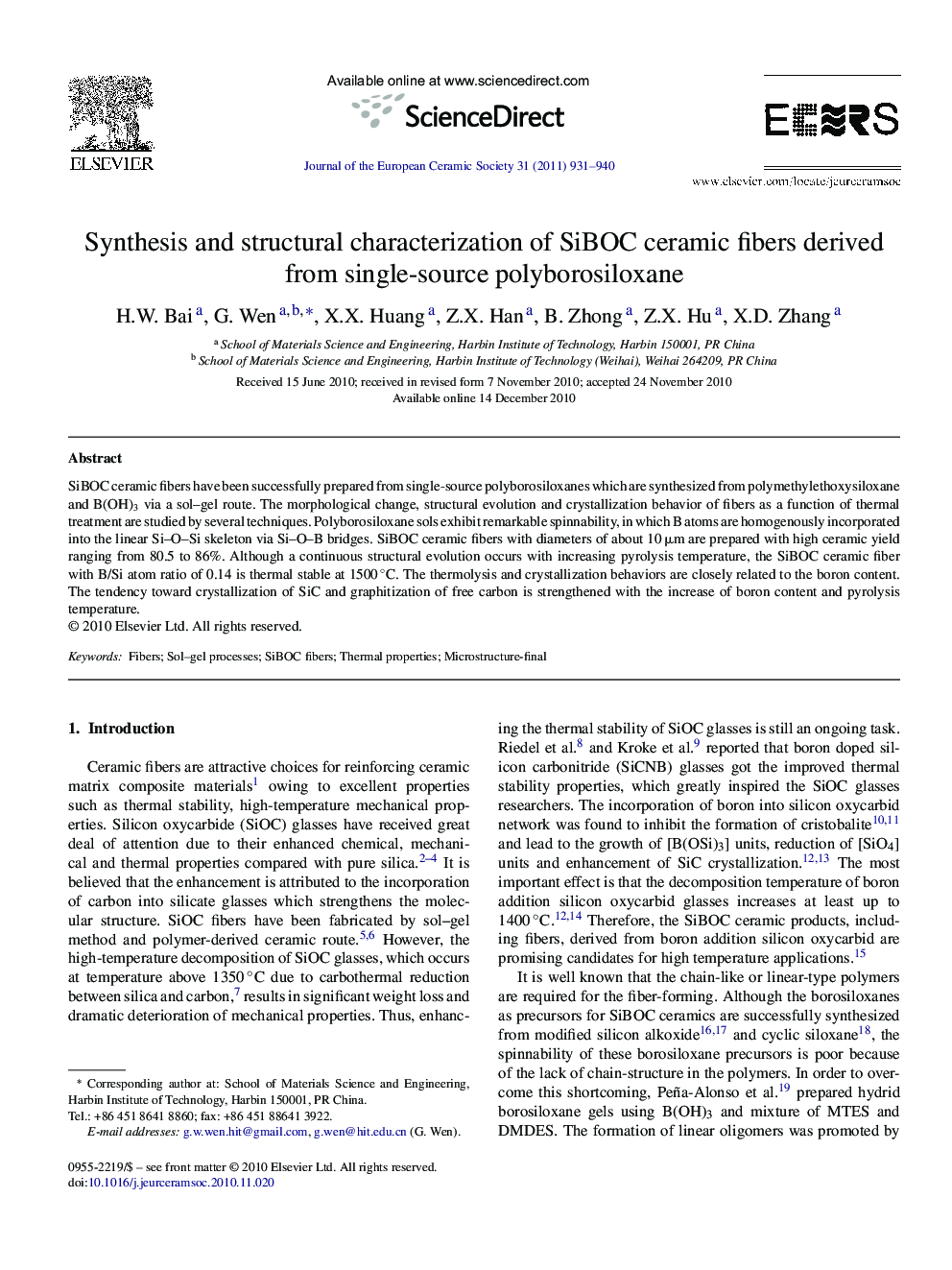 Synthesis and structural characterization of SiBOC ceramic fibers derived from single-source polyborosiloxane