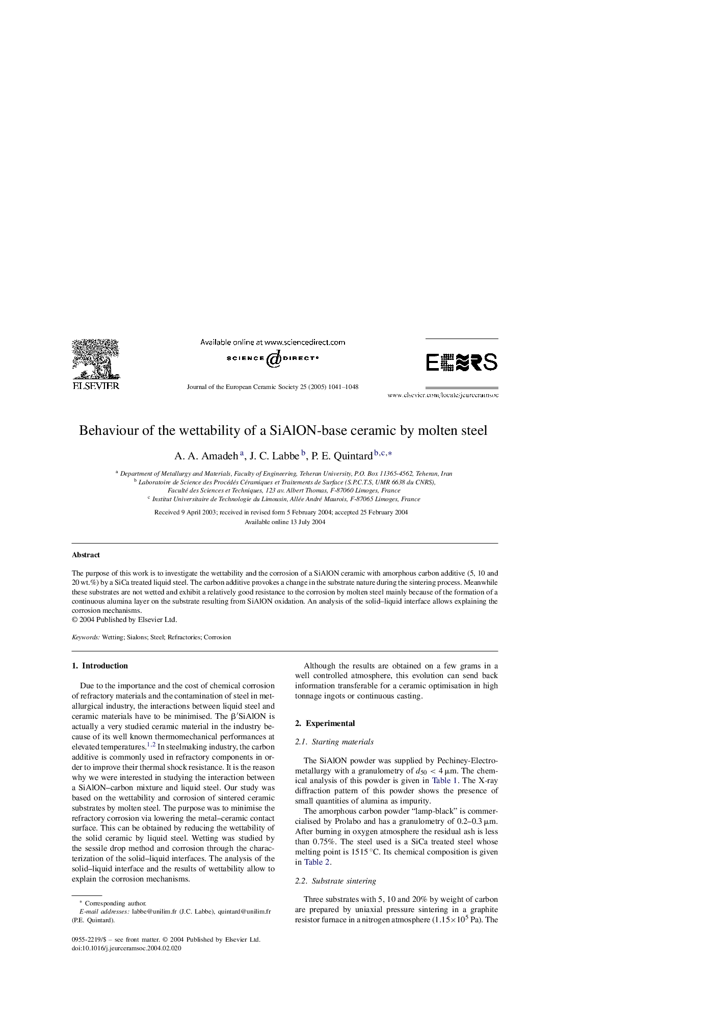 Behaviour of the wettability of a SiAlON-base ceramic by molten steel