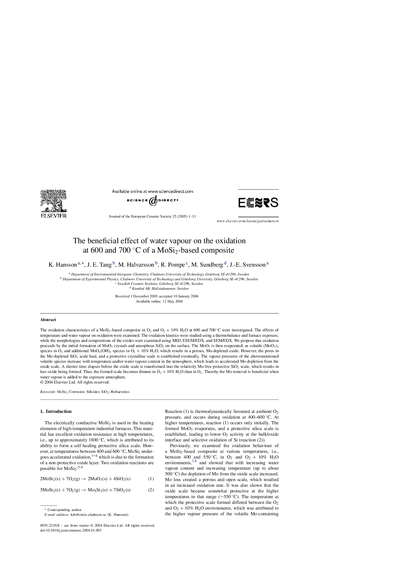 The beneficial effect of water vapour on the oxidation at 600 and 700 Â°C of a MoSi2-based composite