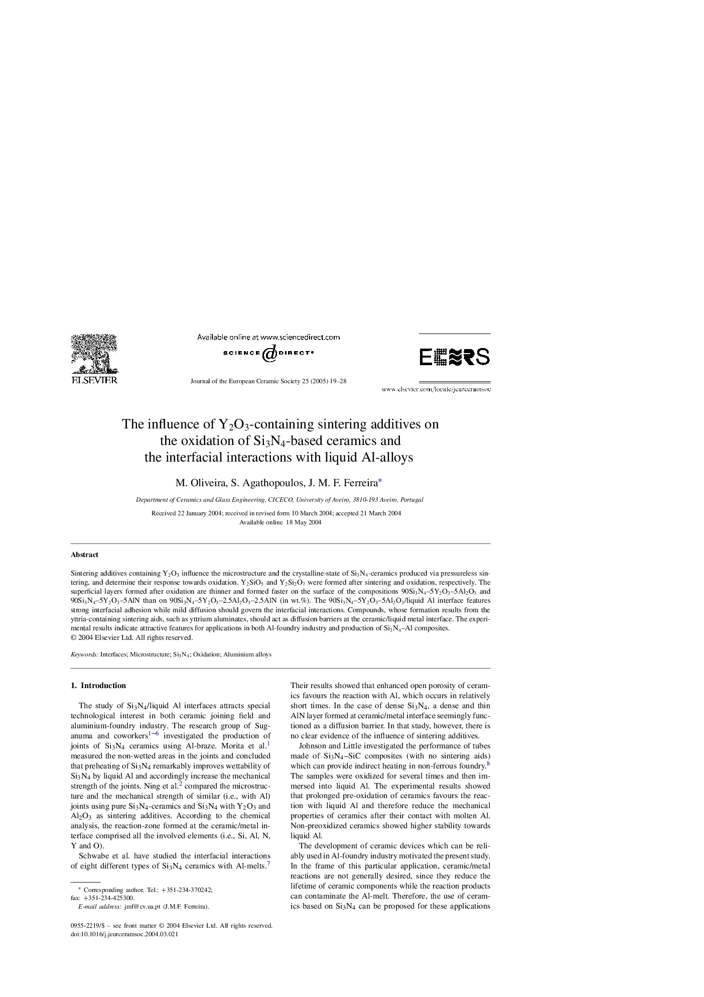 The influence of Y2O3-containing sintering additives on the oxidation of Si3N4-based ceramics and the interfacial interactions with liquid Al-alloys