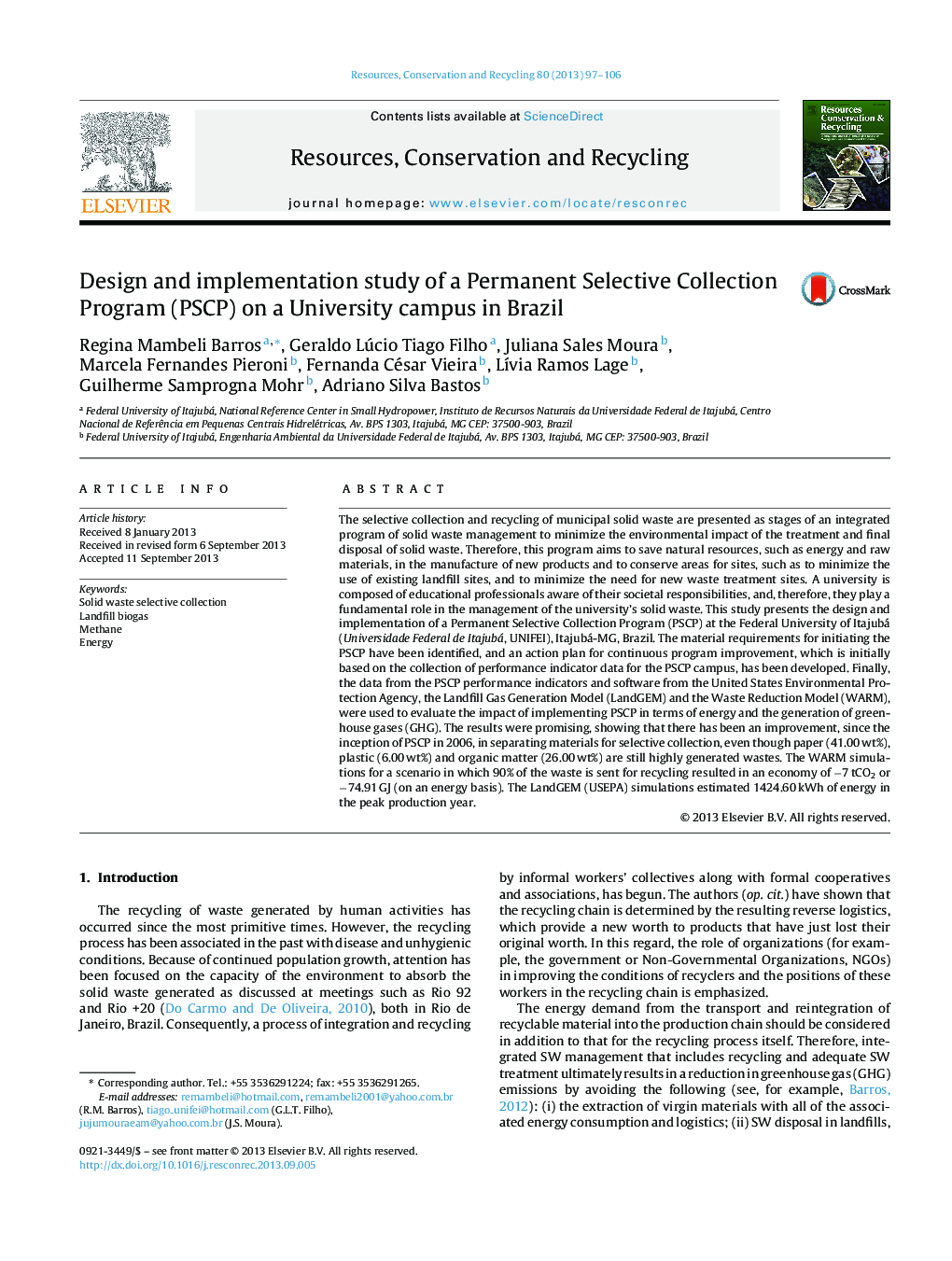 Design and implementation study of a Permanent Selective Collection Program (PSCP) on a University campus in Brazil