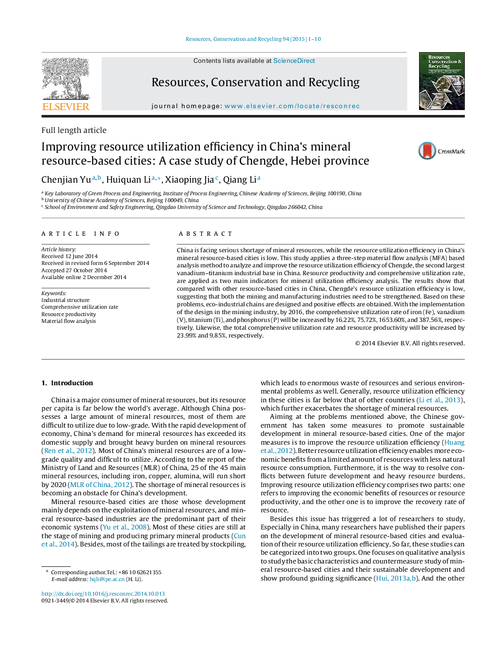 Improving resource utilization efficiency in China's mineral resource-based cities: A case study of Chengde, Hebei province