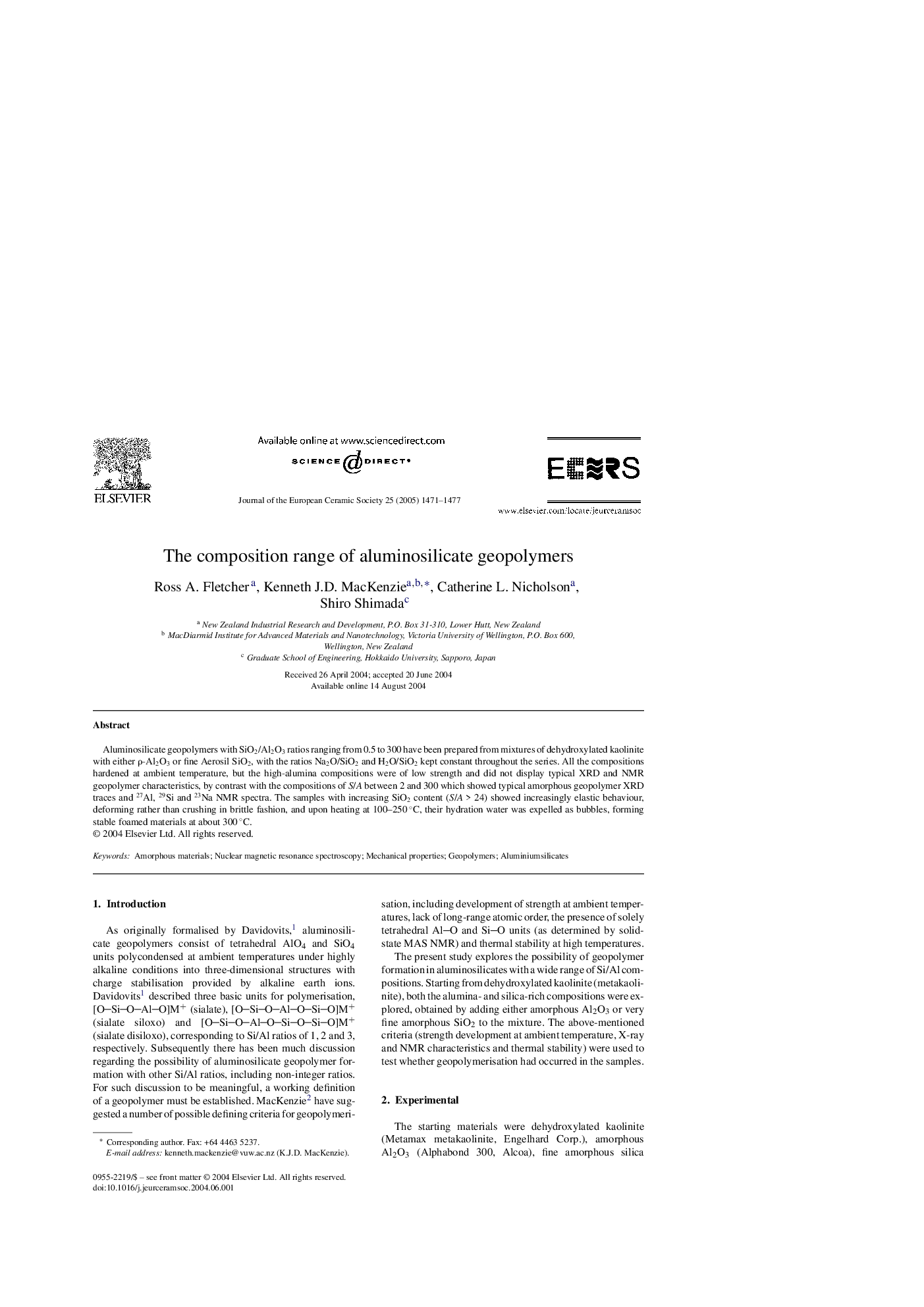 عکس صفحه اول مقاله: The composition range of aluminosilicate geopolymers The composition range of aluminosilicate geopolymers
