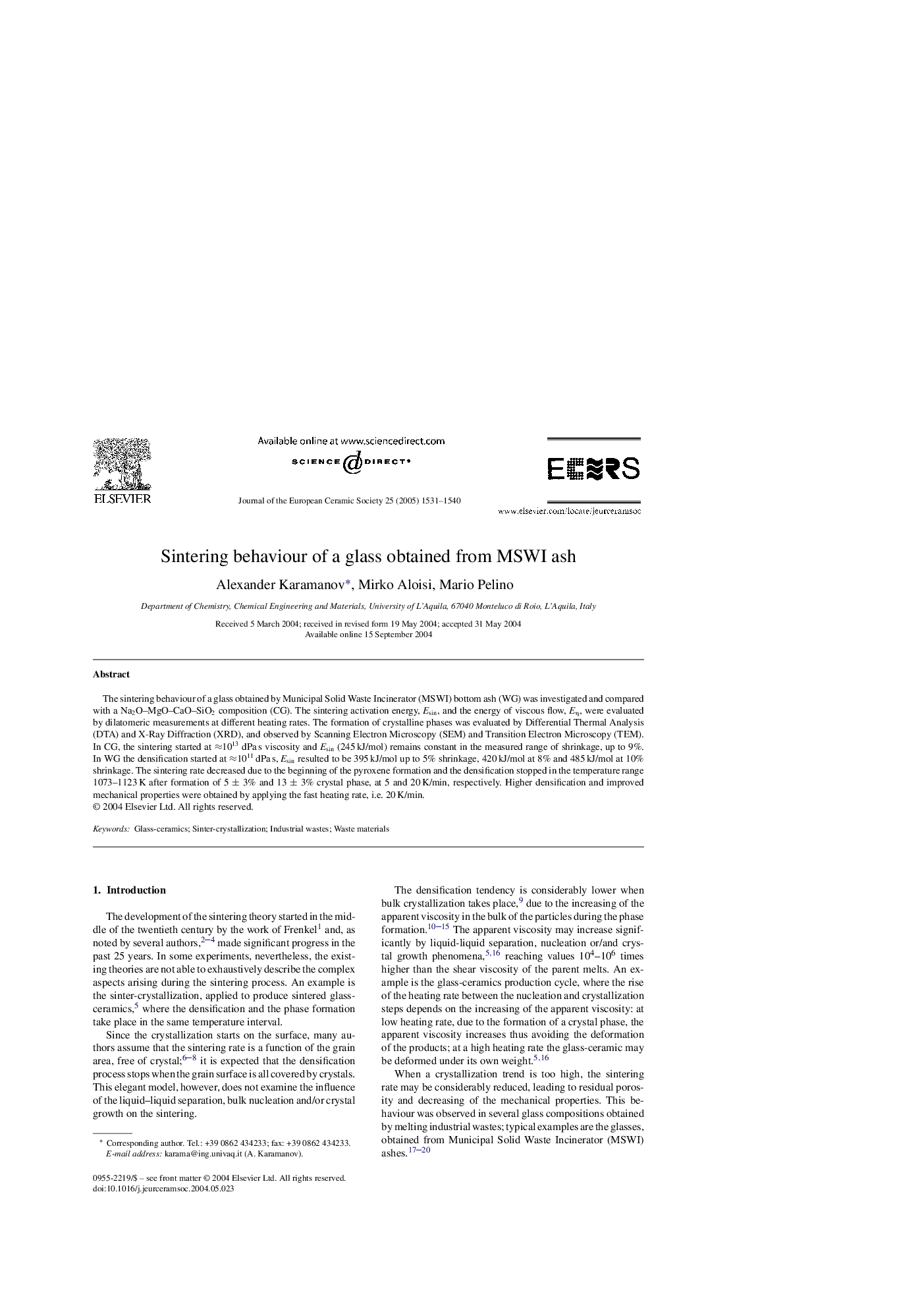 Sintering behaviour of a glass obtained from MSWI ash