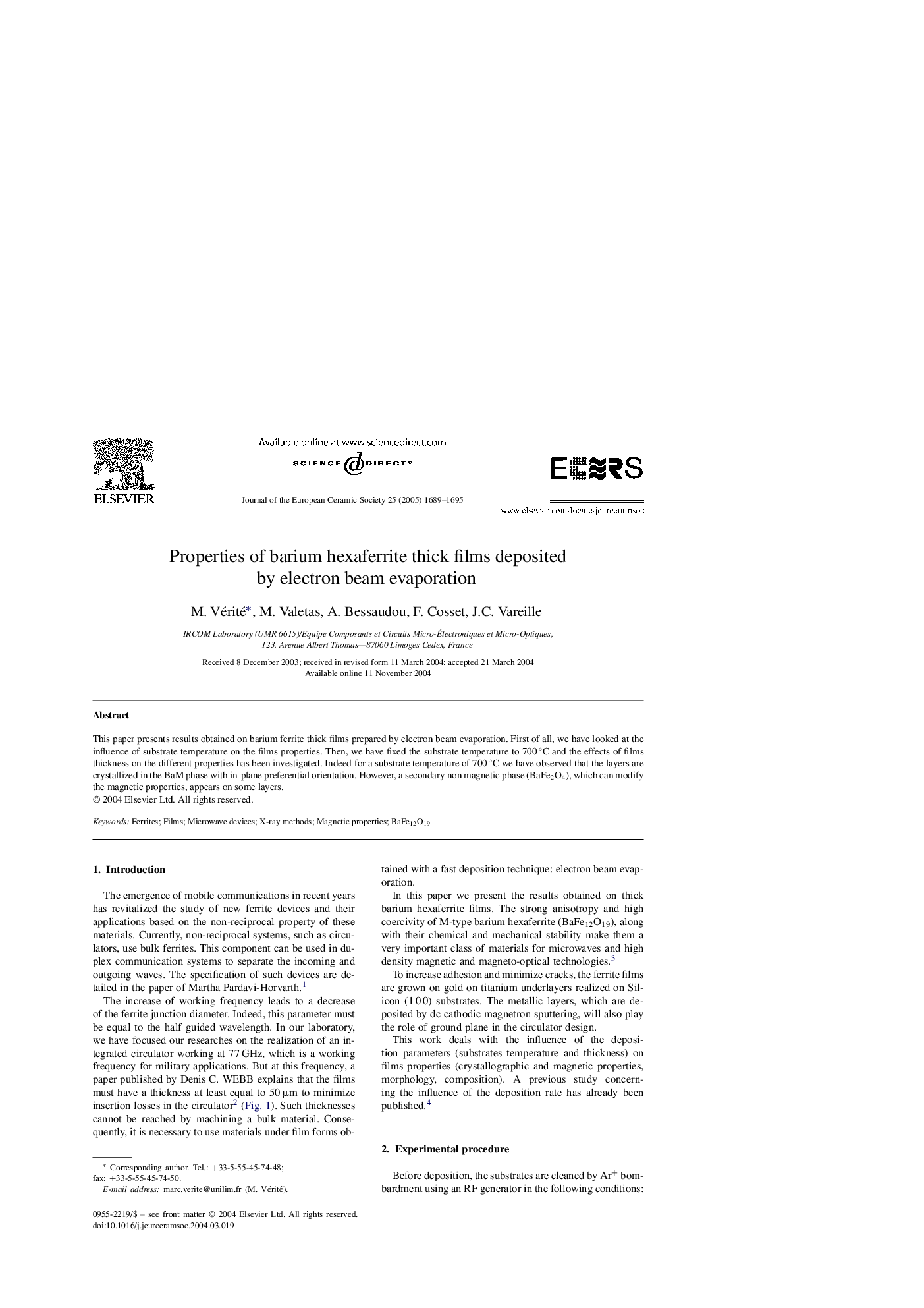 Properties of barium hexaferrite thick films deposited by electron beam evaporation