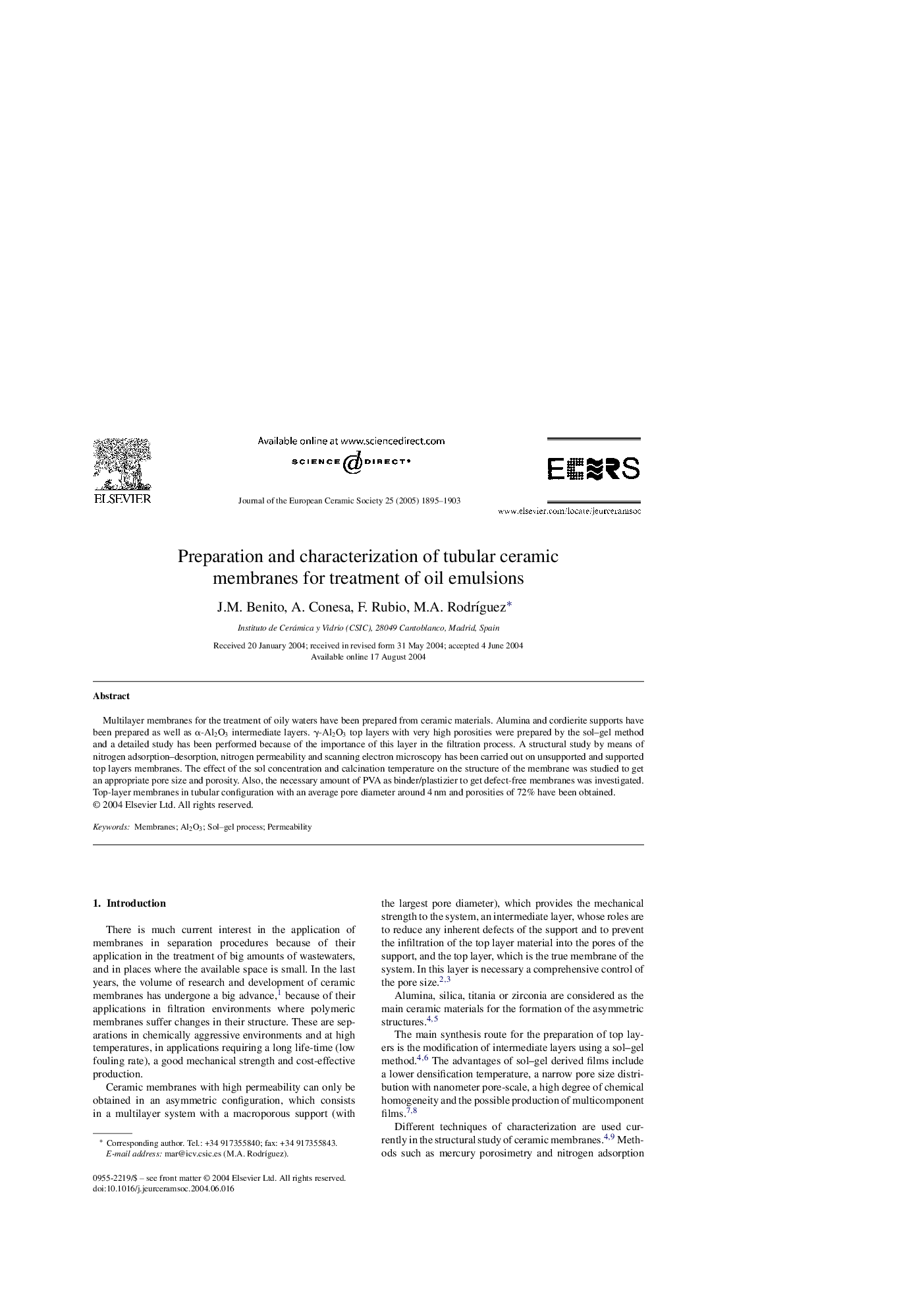 Preparation and characterization of tubular ceramic membranes for treatment of oil emulsions