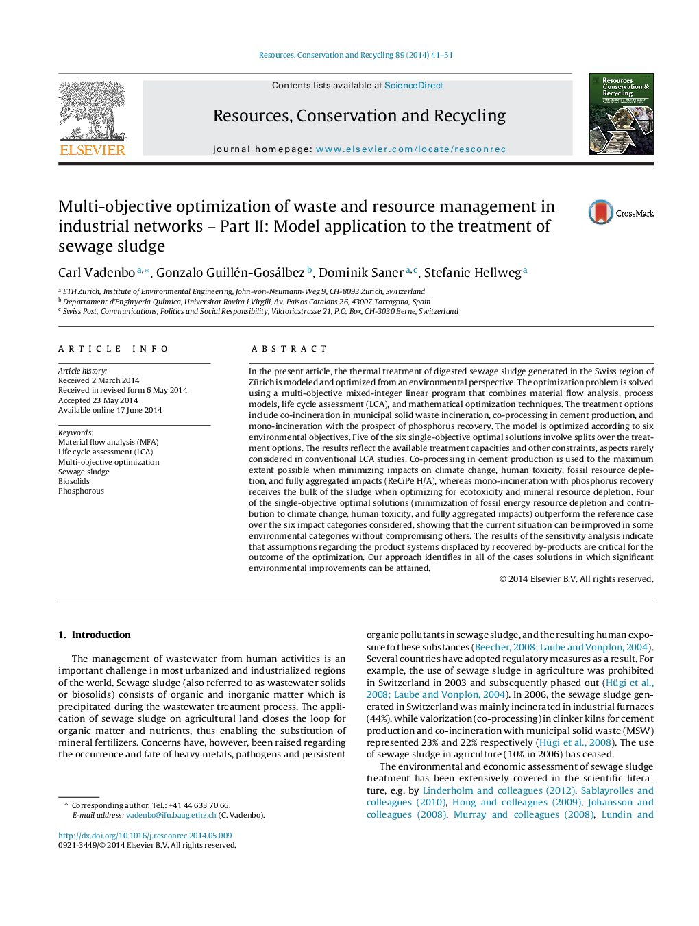 Multi-objective optimization of waste and resource management in industrial networks – Part II: Model application to the treatment of sewage sludge