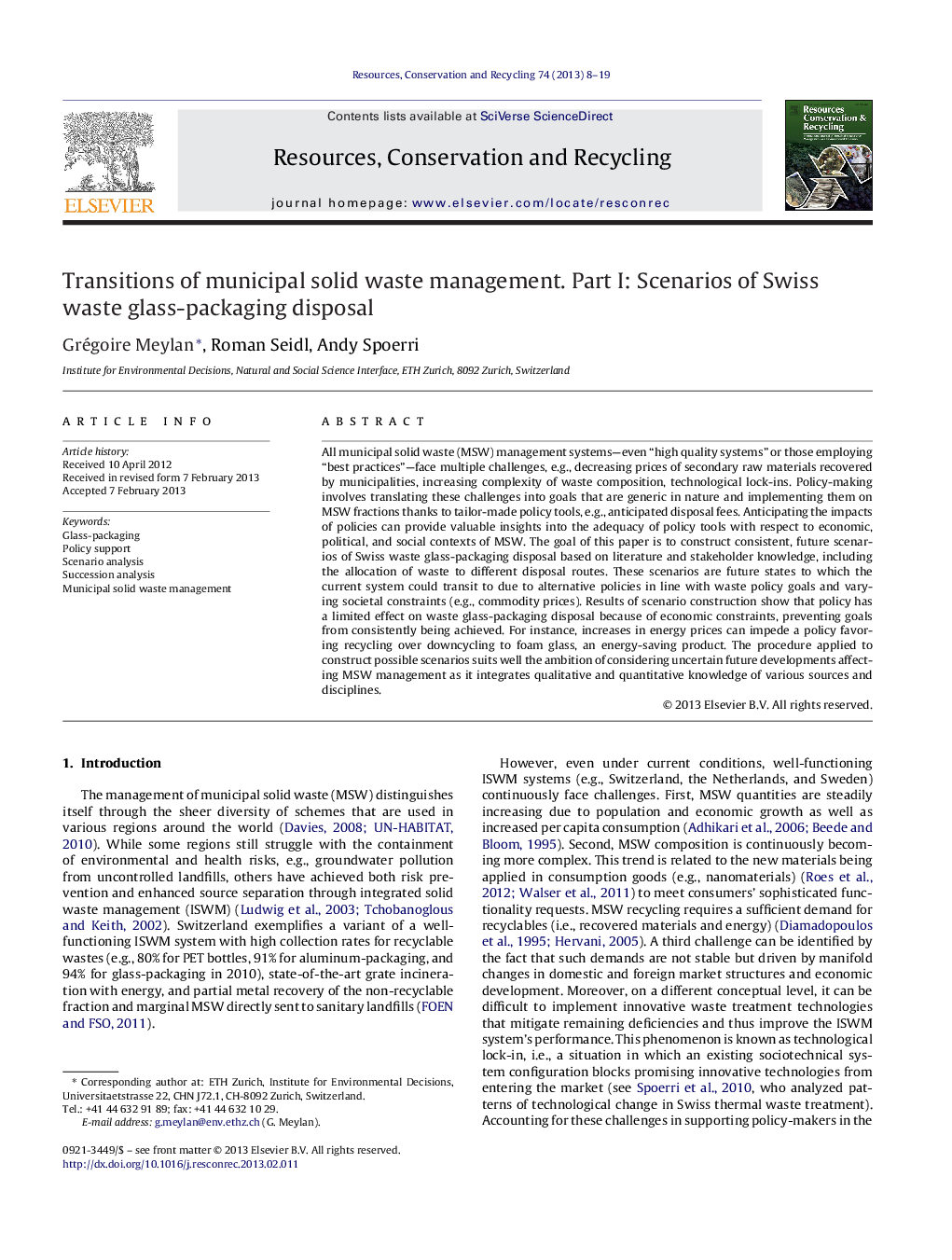 Transitions of municipal solid waste management. Part I: Scenarios of Swiss waste glass-packaging disposal