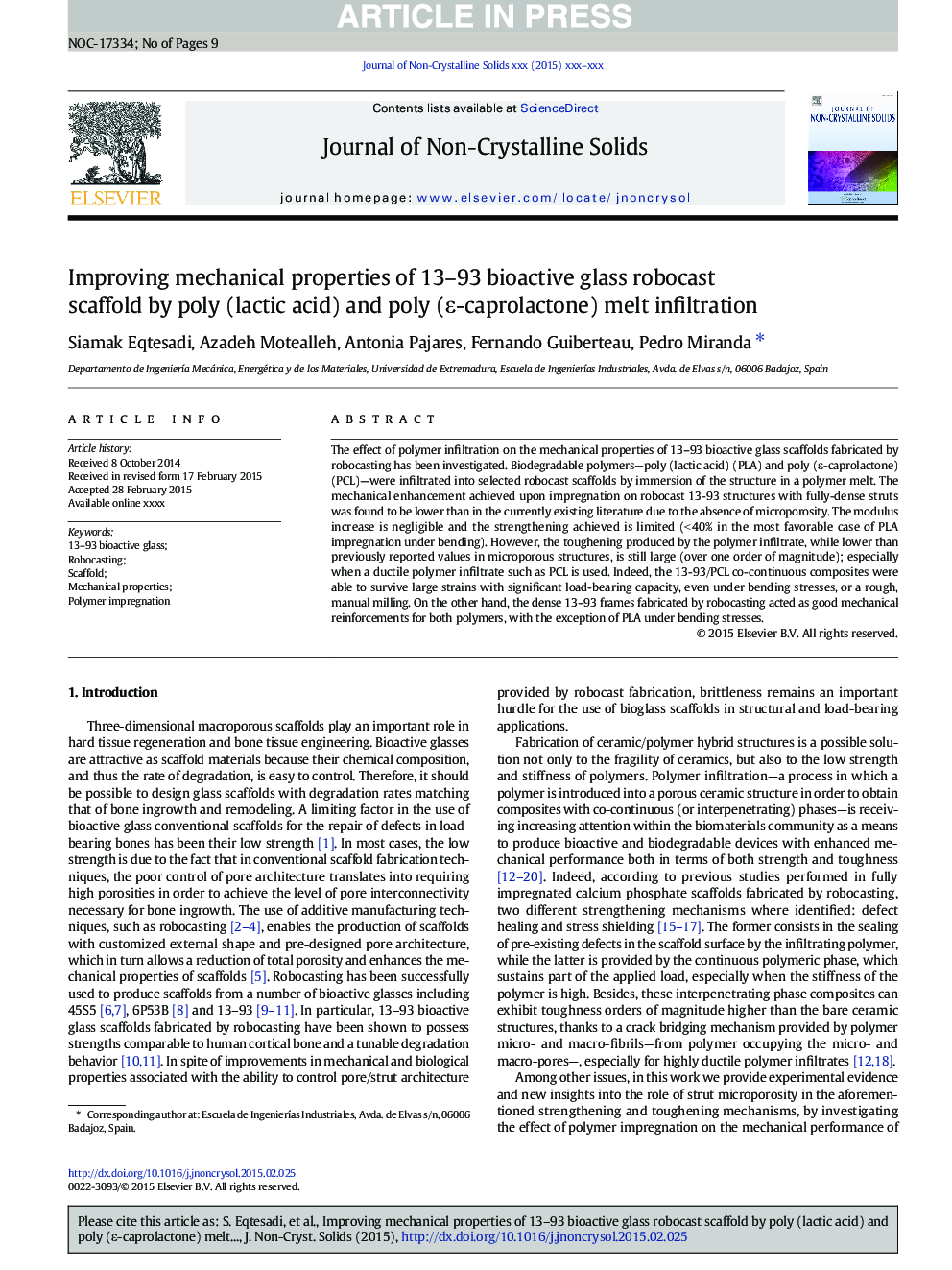 Improving mechanical properties of 13-93 bioactive glass robocast scaffold by poly (lactic acid) and poly (Îµ-caprolactone) melt infiltration