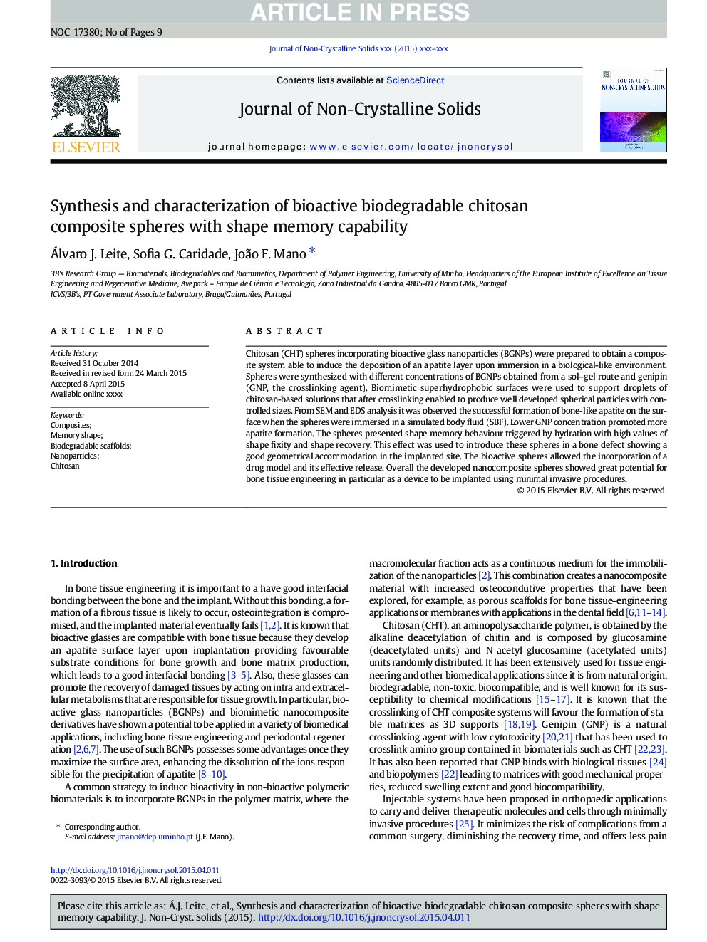 Synthesis and characterization of bioactive biodegradable chitosan composite spheres with shape memory capability