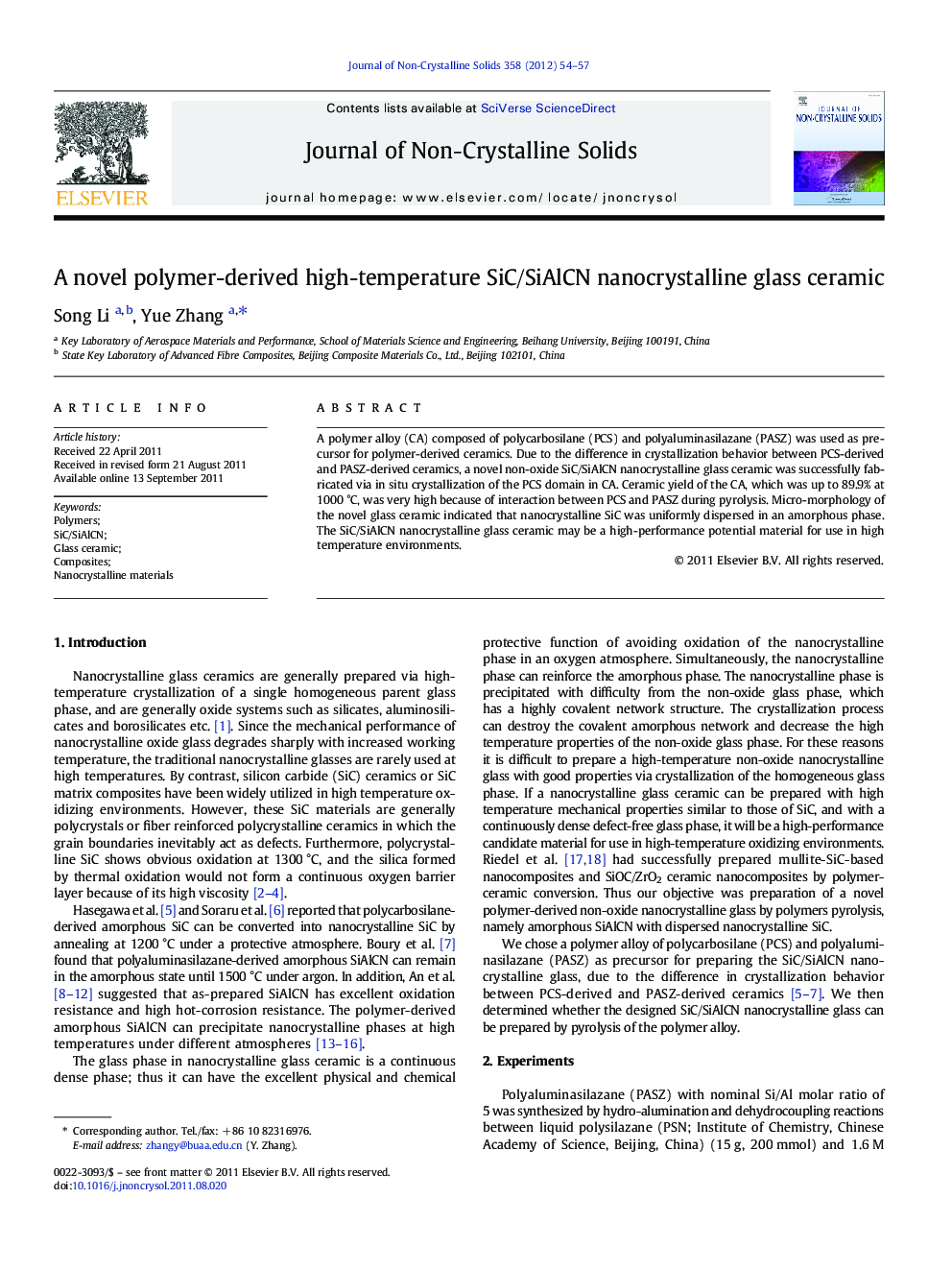 A novel polymer-derived high-temperature SiC/SiAlCN nanocrystalline glass ceramic