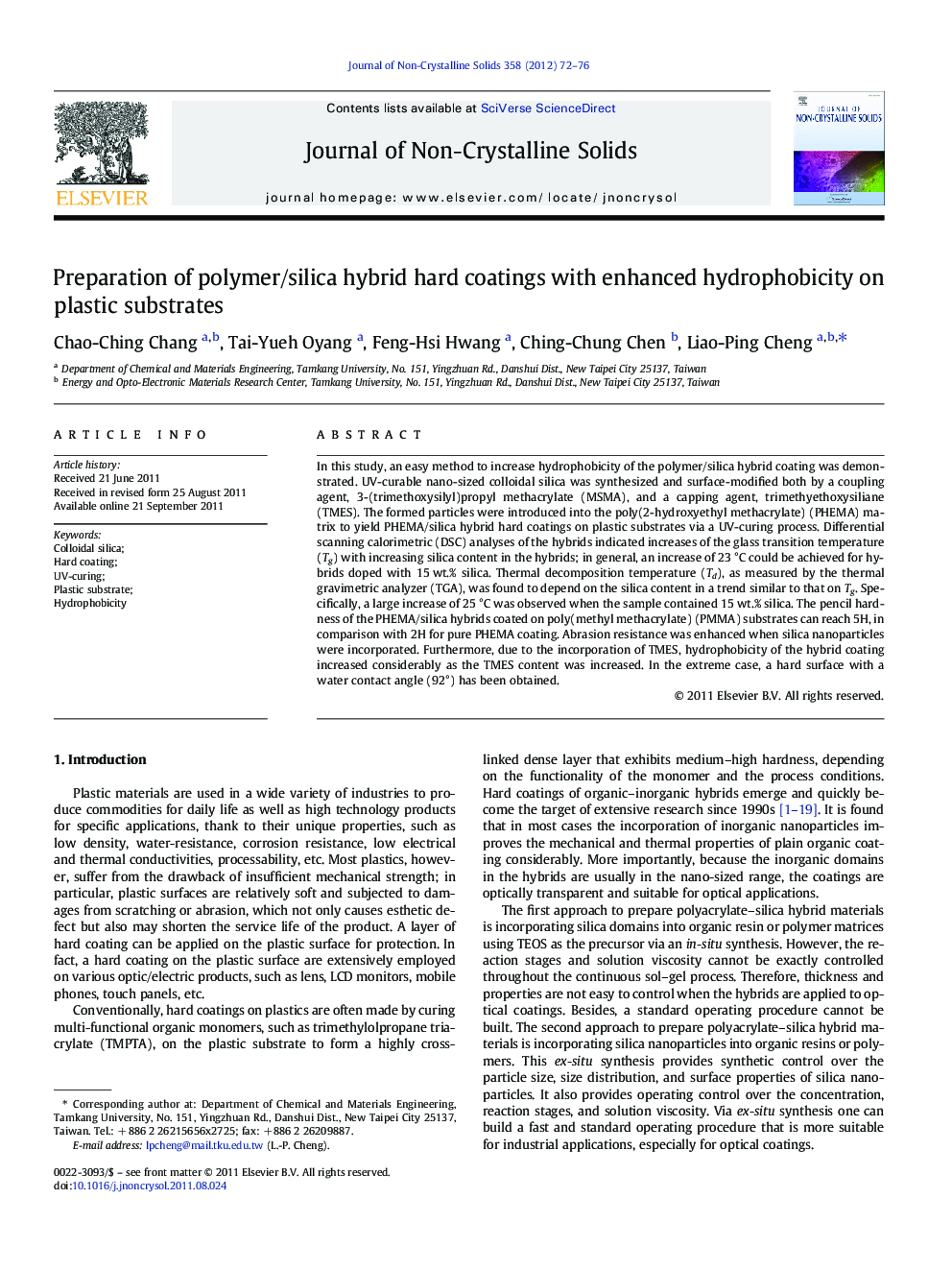 Preparation of polymer/silica hybrid hard coatings with enhanced hydrophobicity on plastic substrates