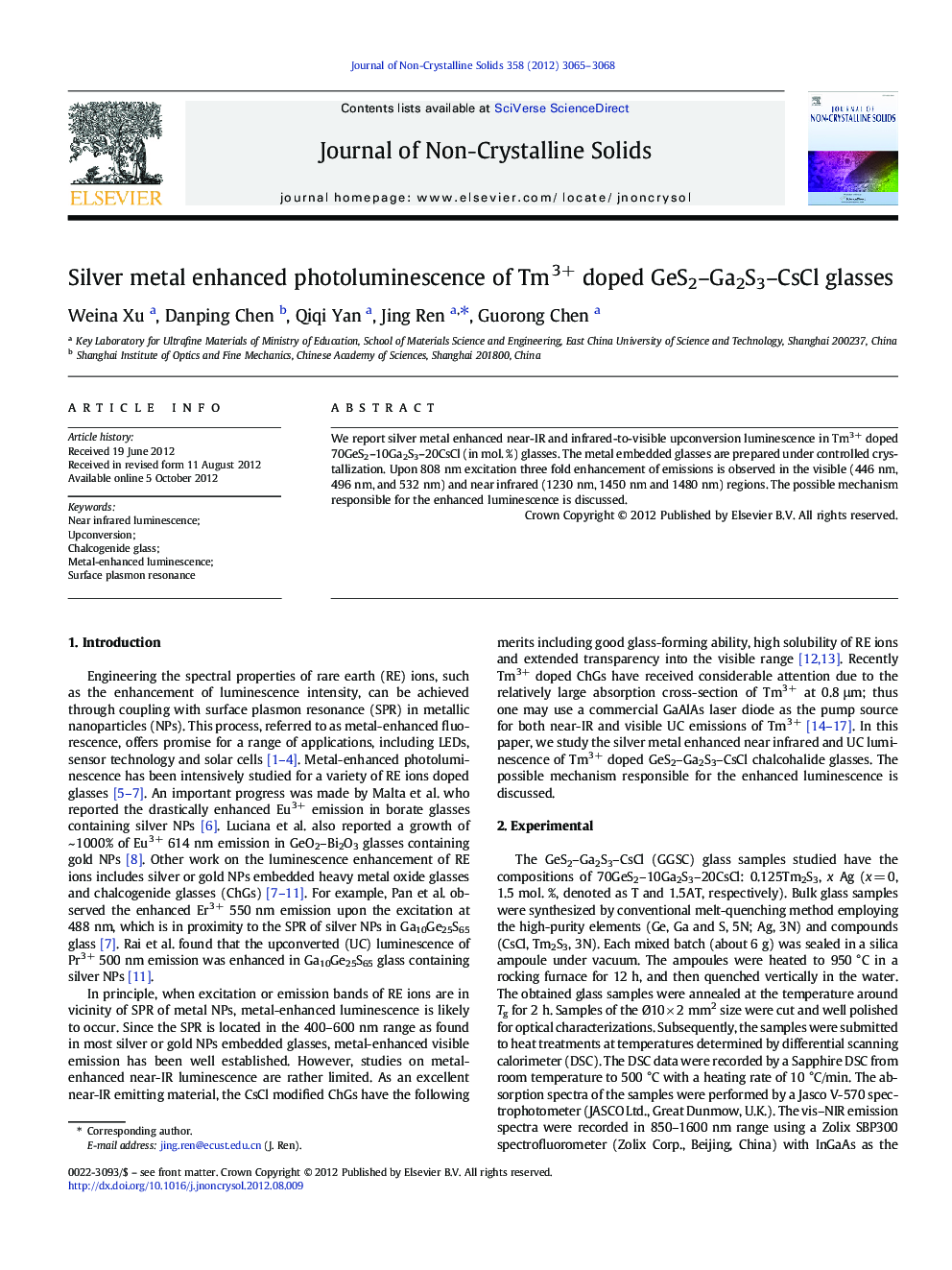 Silver metal enhanced photoluminescence of Tm3+ doped GeS2-Ga2S3-CsCl glasses