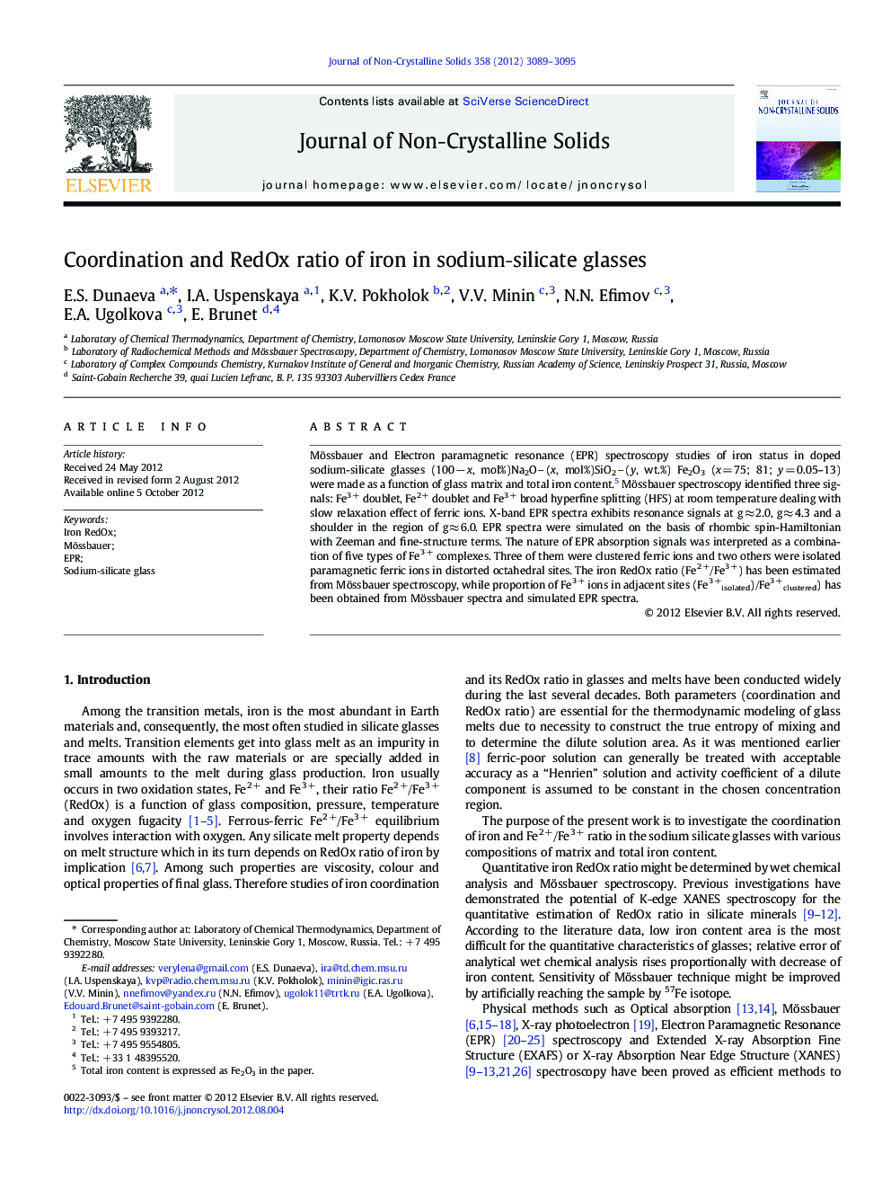 Coordination and RedOx ratio of iron in sodiumâsilicate glasses