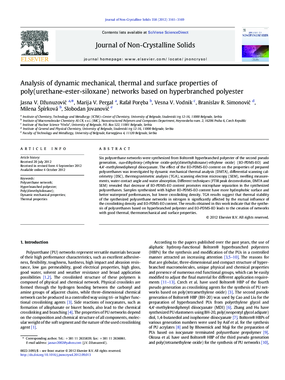 Analysis of dynamic mechanical, thermal and surface properties of poly(urethane-ester-siloxane) networks based on hyperbranched polyester