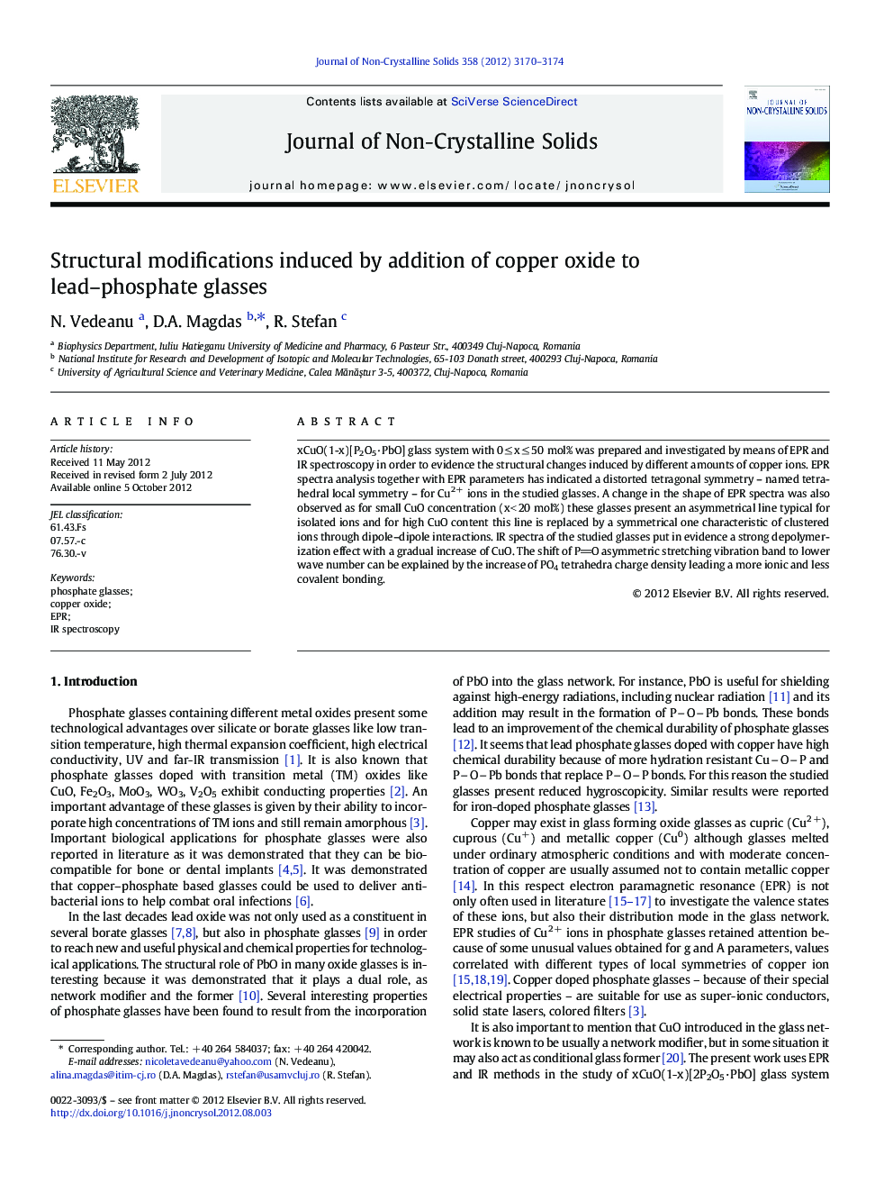 عکس صفحه اول مقاله: Structural modifications induced by addition of copper oxide to lead-phosphate glasses Structural modifications induced by addition of copper oxide to lead-phosphate glasses
