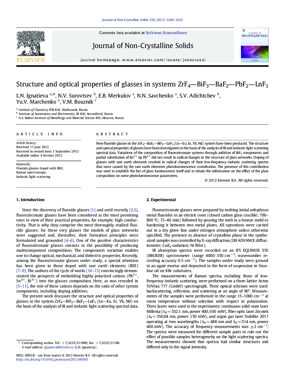 Structure and optical properties of glasses in systems ZrF4âBiF3âBaF2âPbF2âLnF3