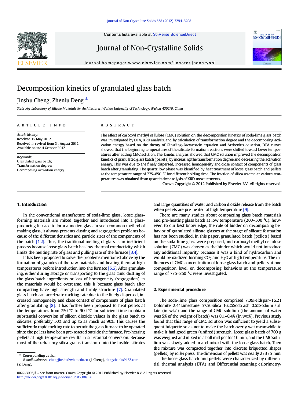 عکس صفحه اول مقاله: Decomposition kinetics of granulated glass batch Decomposition kinetics of granulated glass batch