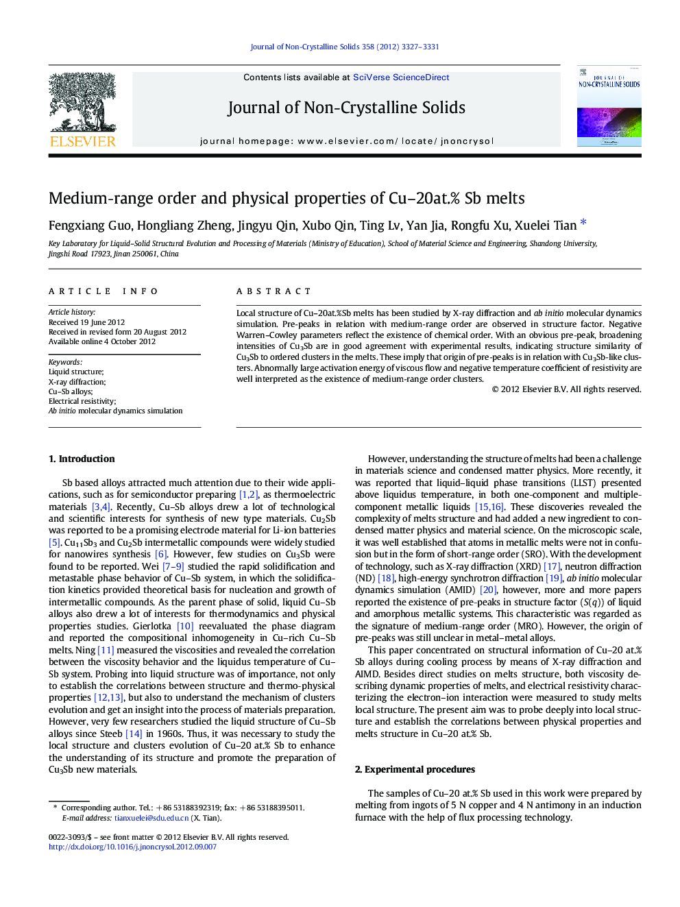 Mediumârange order and physical properties of Cu-20at.% Sb melts