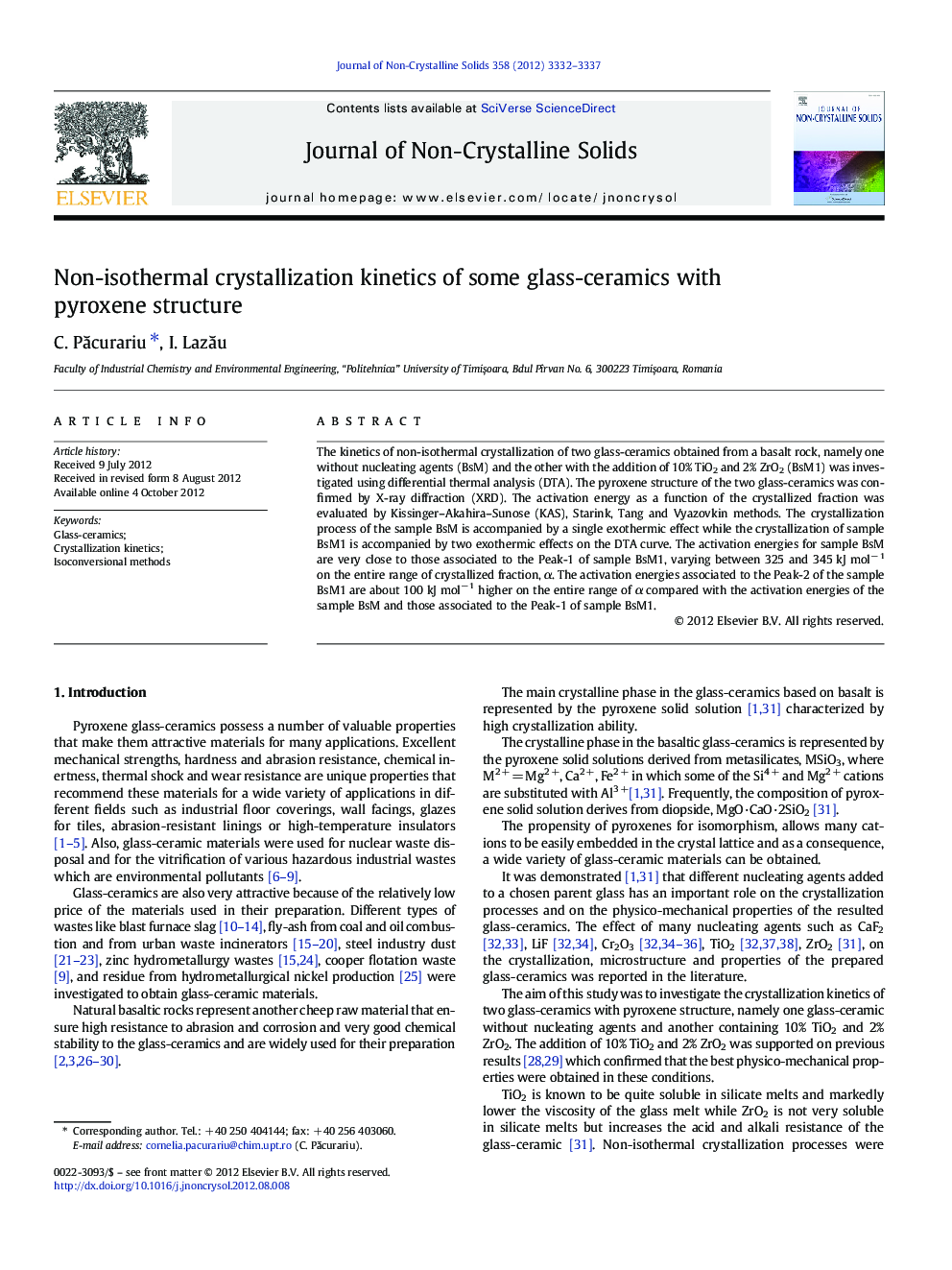 Non-isothermal crystallization kinetics of some glass-ceramics with pyroxene structure