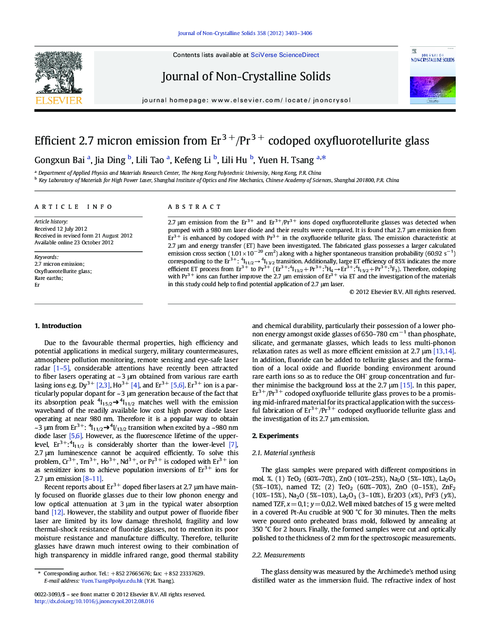 Efficient 2.7 micron emission from Er3Â +/Pr3Â + codoped oxyfluorotellurite glass
