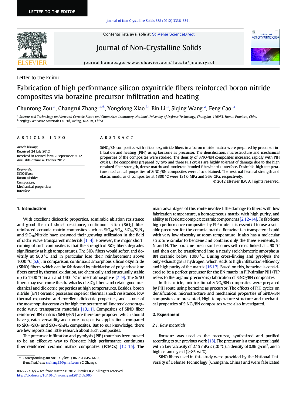 Fabrication of high performance silicon oxynitride fibers reinforced boron nitride composites via borazine precursor infiltration and heating