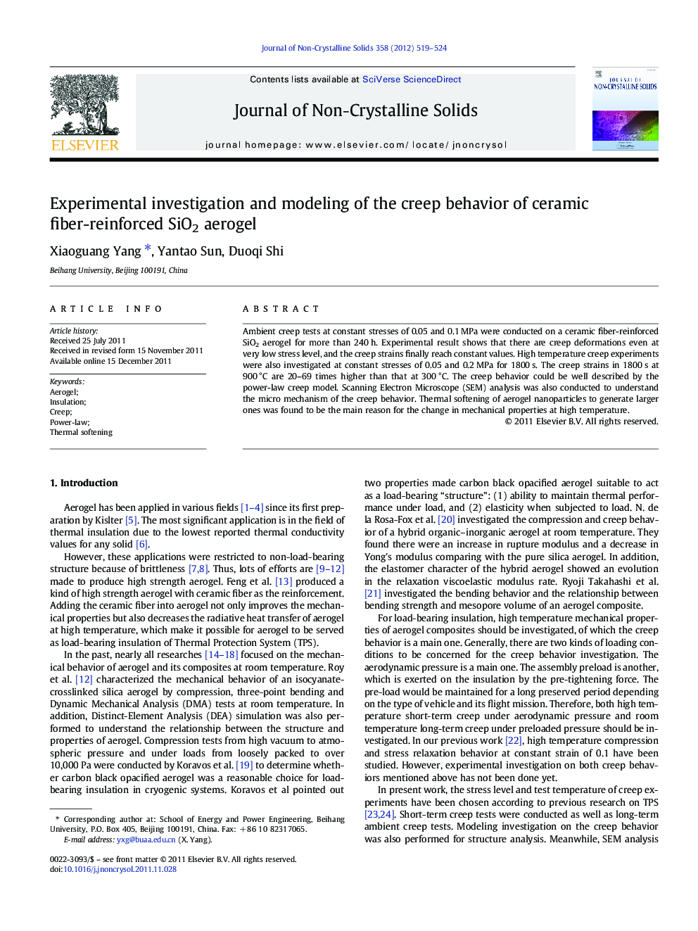 Experimental investigation and modeling of the creep behavior of ceramic fiber-reinforced SiO2 aerogel