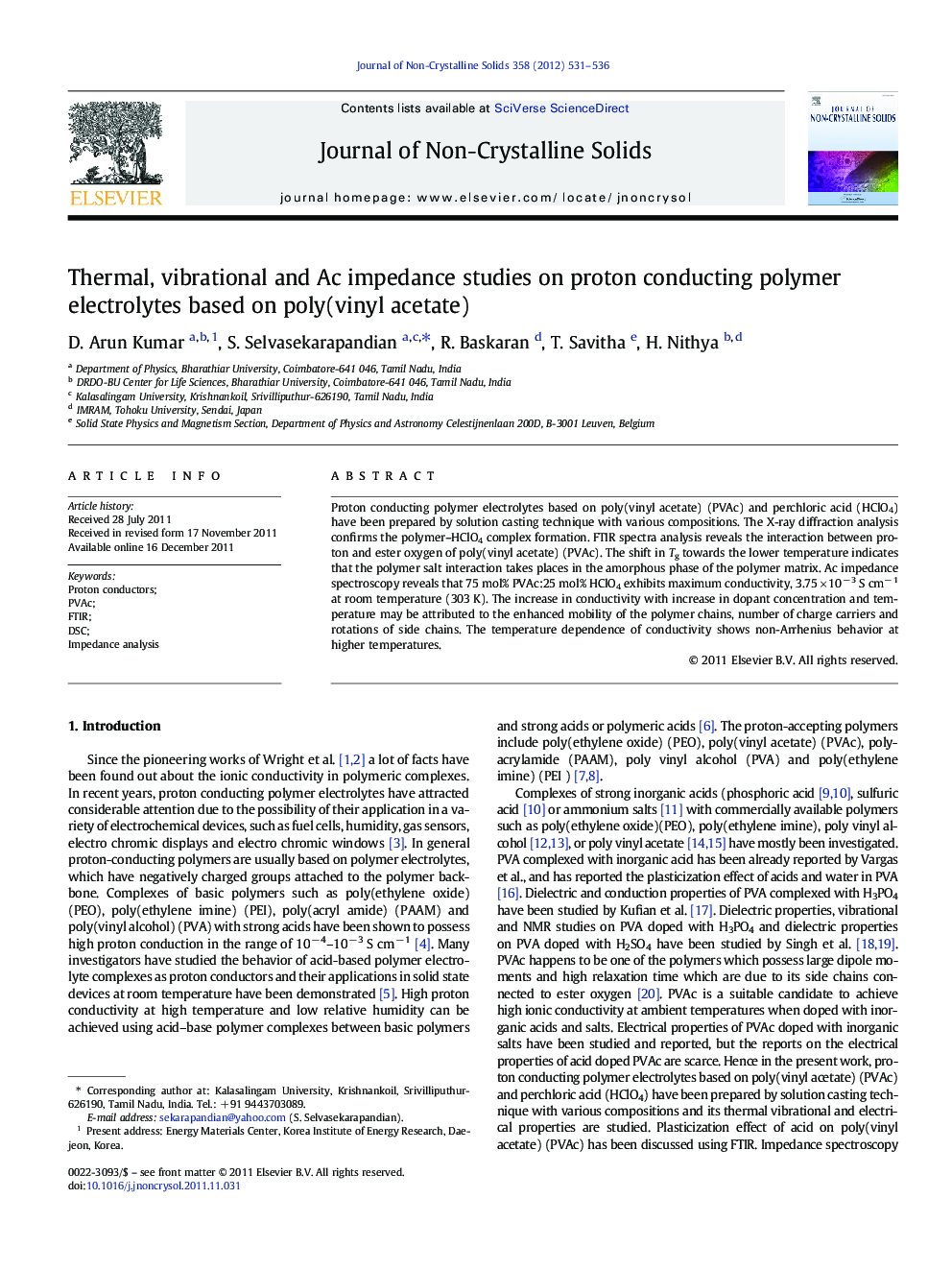 Thermal, vibrational and Ac impedance studies on proton conducting polymer electrolytes based on poly(vinyl acetate)