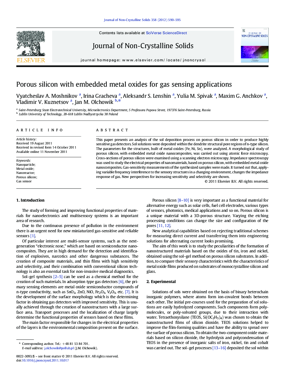 Porous silicon with embedded metal oxides for gas sensing applications