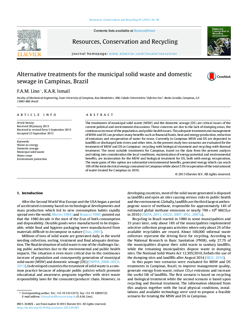 Alternative treatments for the municipal solid waste and domestic sewage in Campinas, Brazil