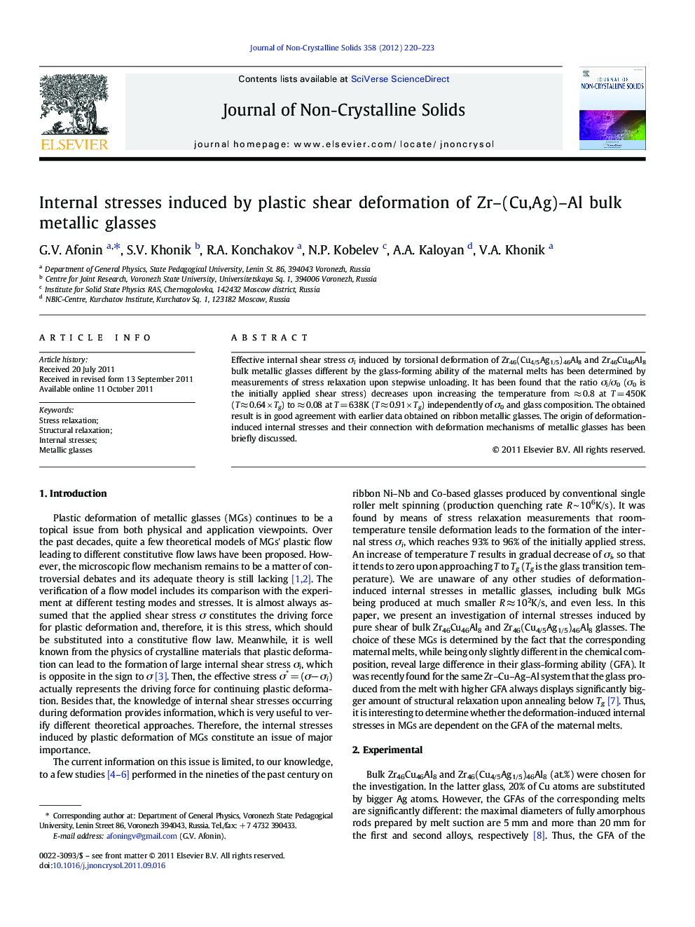 Internal stresses induced by plastic shear deformation of Zr-(Cu,Ag)-Al bulk metallic glasses