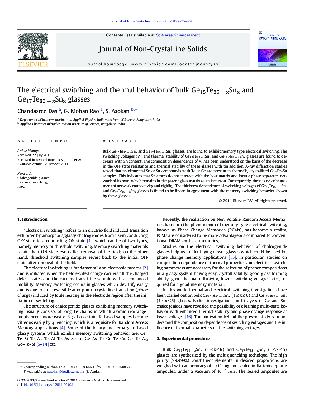 The electrical switching and thermal behavior of bulk Ge15Te85Â âÂ xSnx and Ge17Te83Â âÂ xSnx glasses