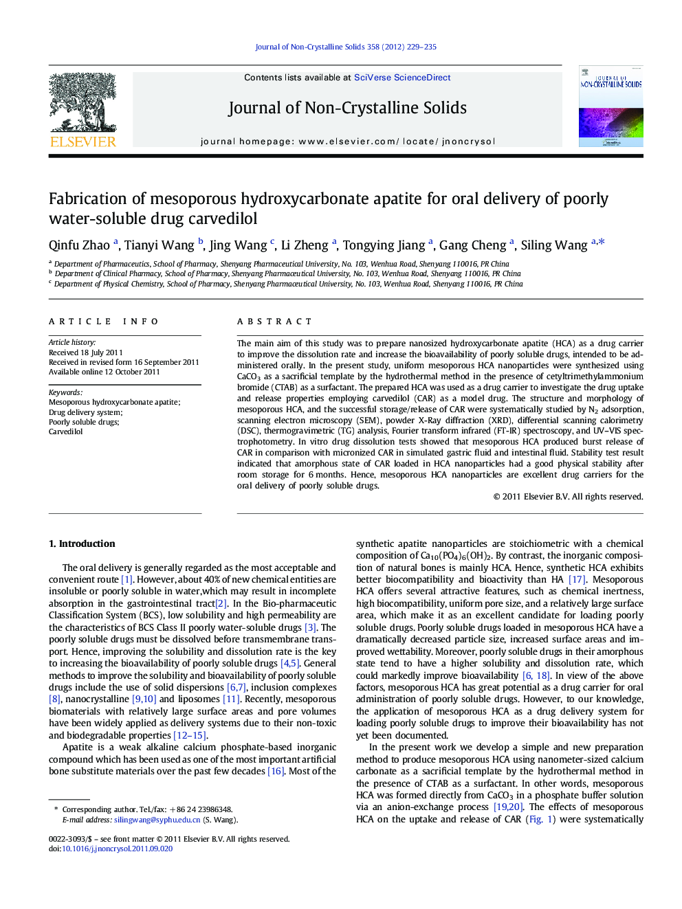 Fabrication of mesoporous hydroxycarbonate apatite for oral delivery of poorly water-soluble drug carvedilol