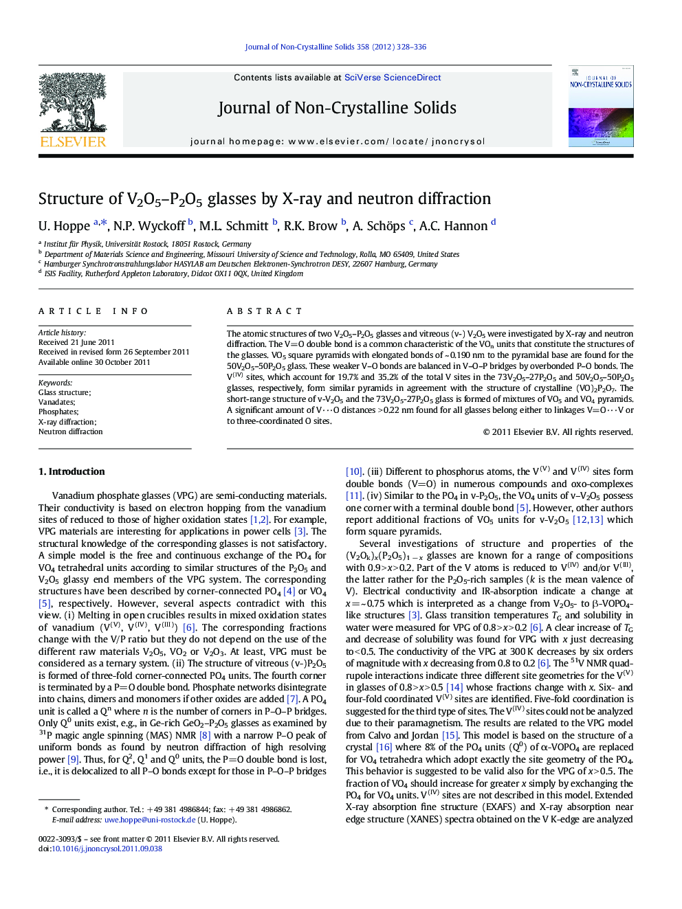 عکس صفحه اول مقاله: Structure of V2O5-P2O5 glasses by X-ray and neutron diffraction Structure of V2O5-P2O5 glasses by X-ray and neutron diffraction