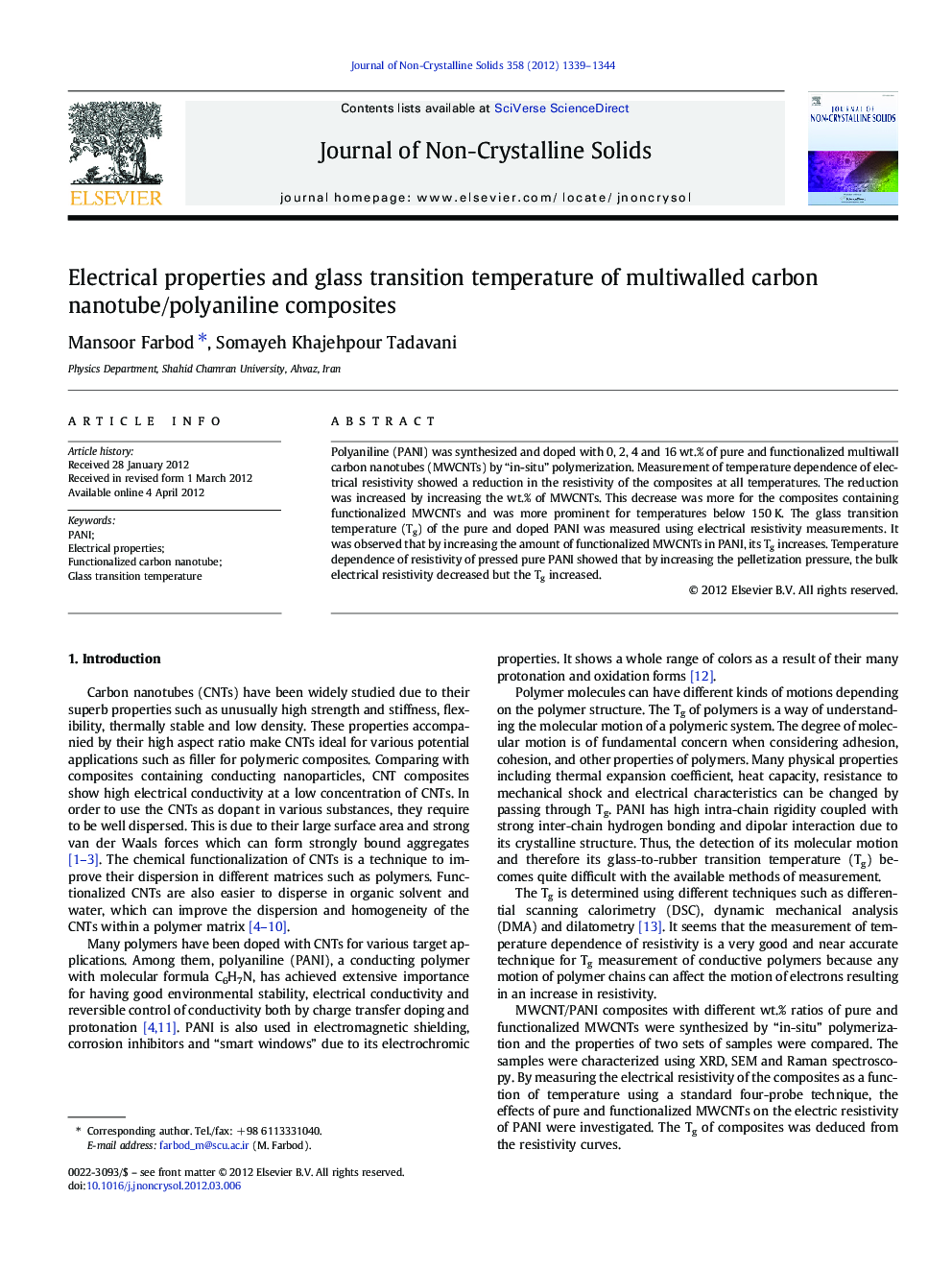 Electrical properties and glass transition temperature of multiwalled carbon nanotube/polyaniline composites