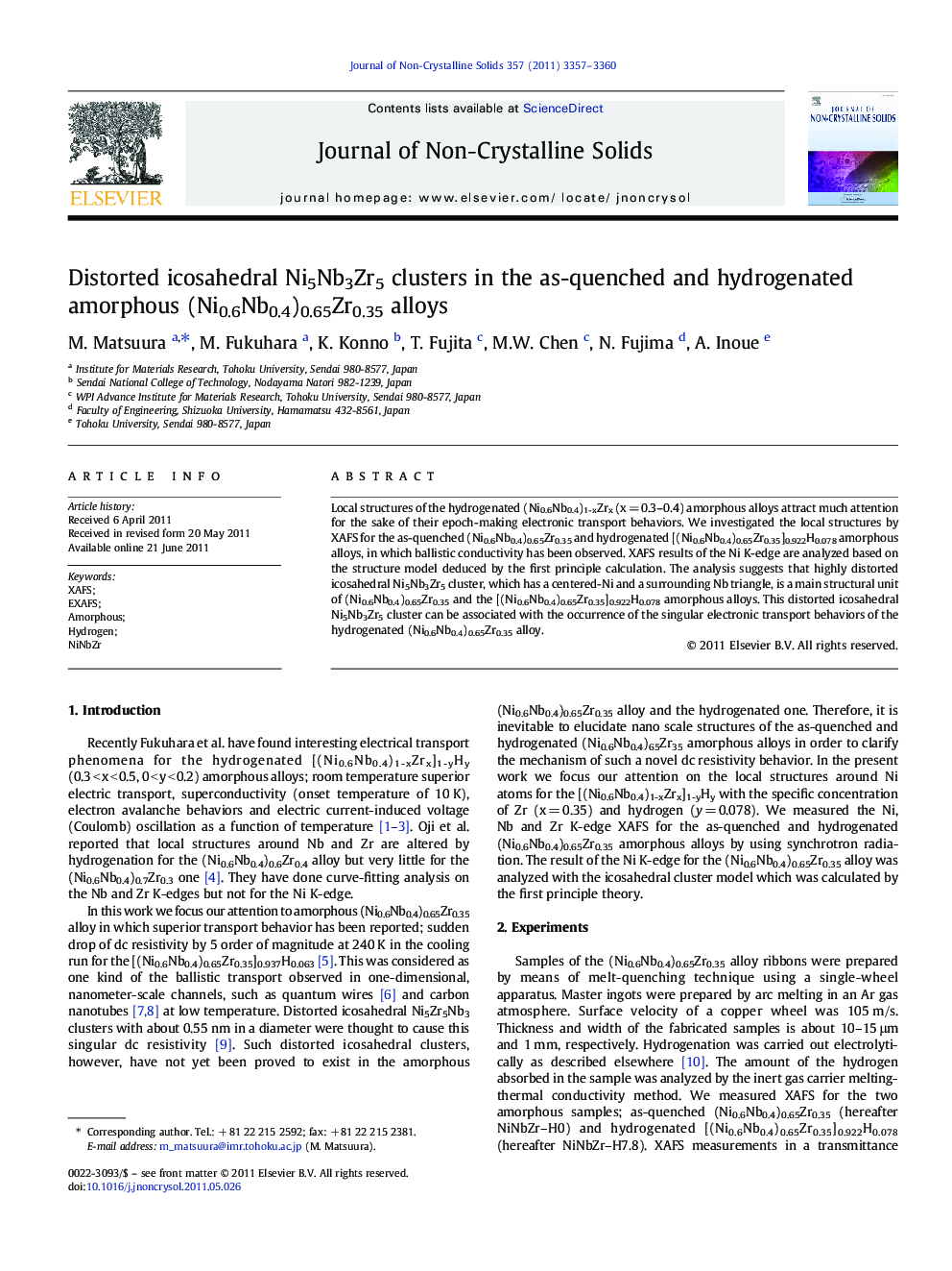 Distorted icosahedral Ni5Nb3Zr5 clusters in the as-quenched and hydrogenated amorphous (Ni0.6Nb0.4)0.65Zr0.35 alloys