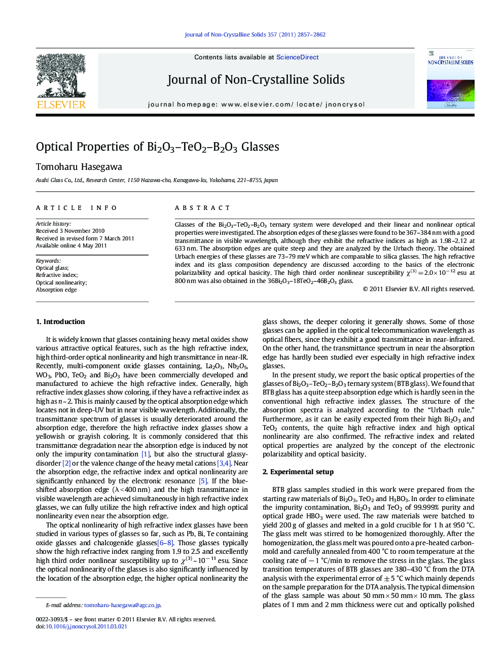 عکس صفحه اول مقاله: Optical Properties of Bi2O3-TeO2-B2O3 Glasses Optical Properties of Bi2O3-TeO2-B2O3 Glasses