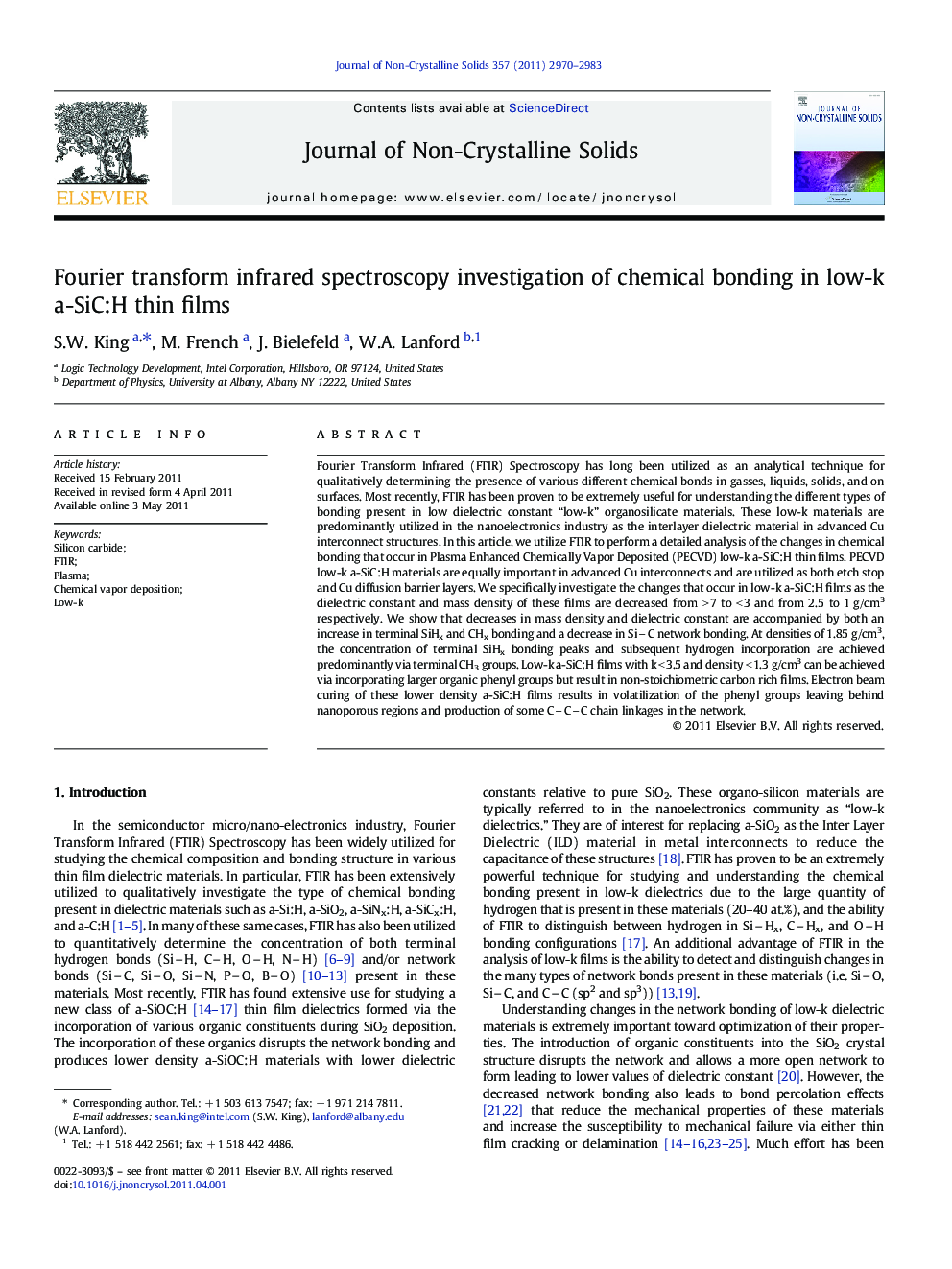 Fourier transform infrared spectroscopy investigation of chemical bonding in low-k a-SiC:H thin films