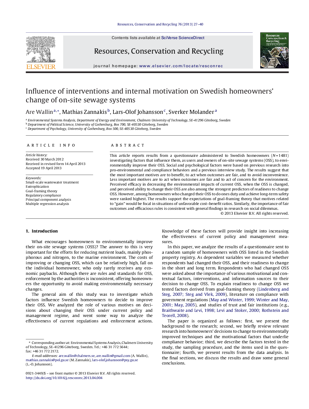 عکس صفحه اول مقاله: Influence of interventions and internal motivation on Swedish homeowners’ change of on-site sewage systems Influence of interventions and internal motivation on Swedish homeowners’ change of on-site sewage systems