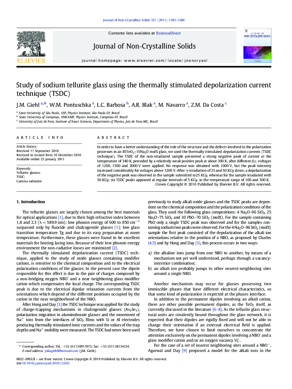 Study of sodium tellurite glass using the thermally stimulated depolarization current technique (TSDC)