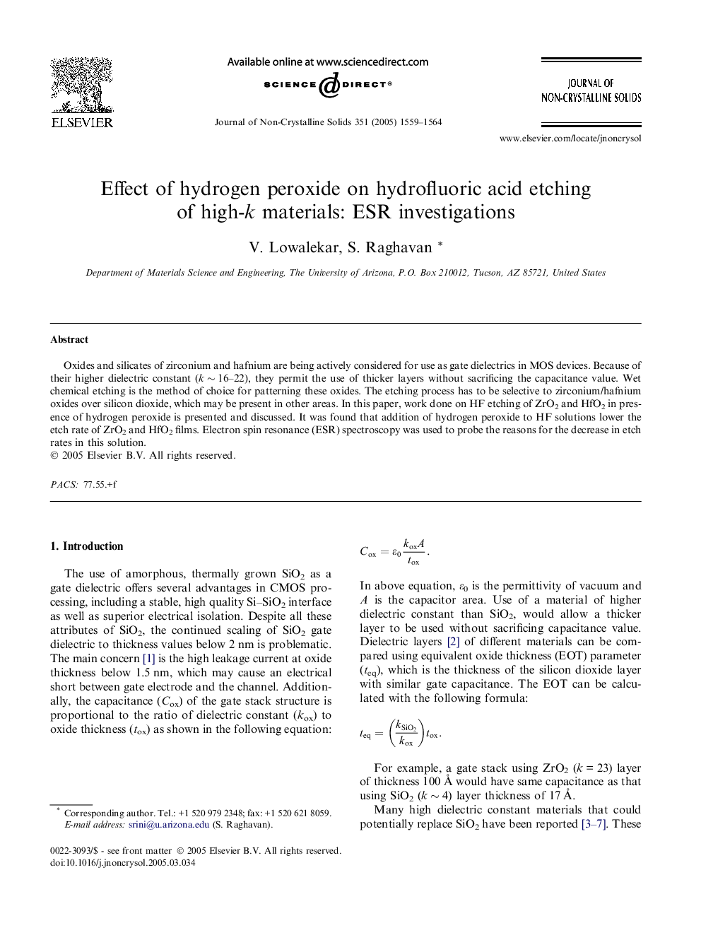 Effect of hydrogen peroxide on hydrofluoric acid etching of high-k materials: ESR investigations