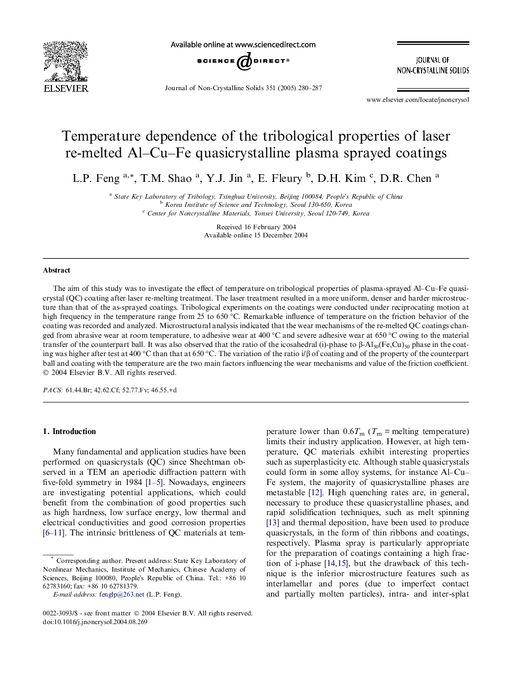 عکس صفحه اول مقاله: Temperature dependence of the tribological properties of laser re-melted Al-Cu-Fe quasicrystalline plasma sprayed coatings Temperature dependence of the tribological properties of laser re-melted Al-Cu-Fe quasicrystalline plasma sprayed coatings