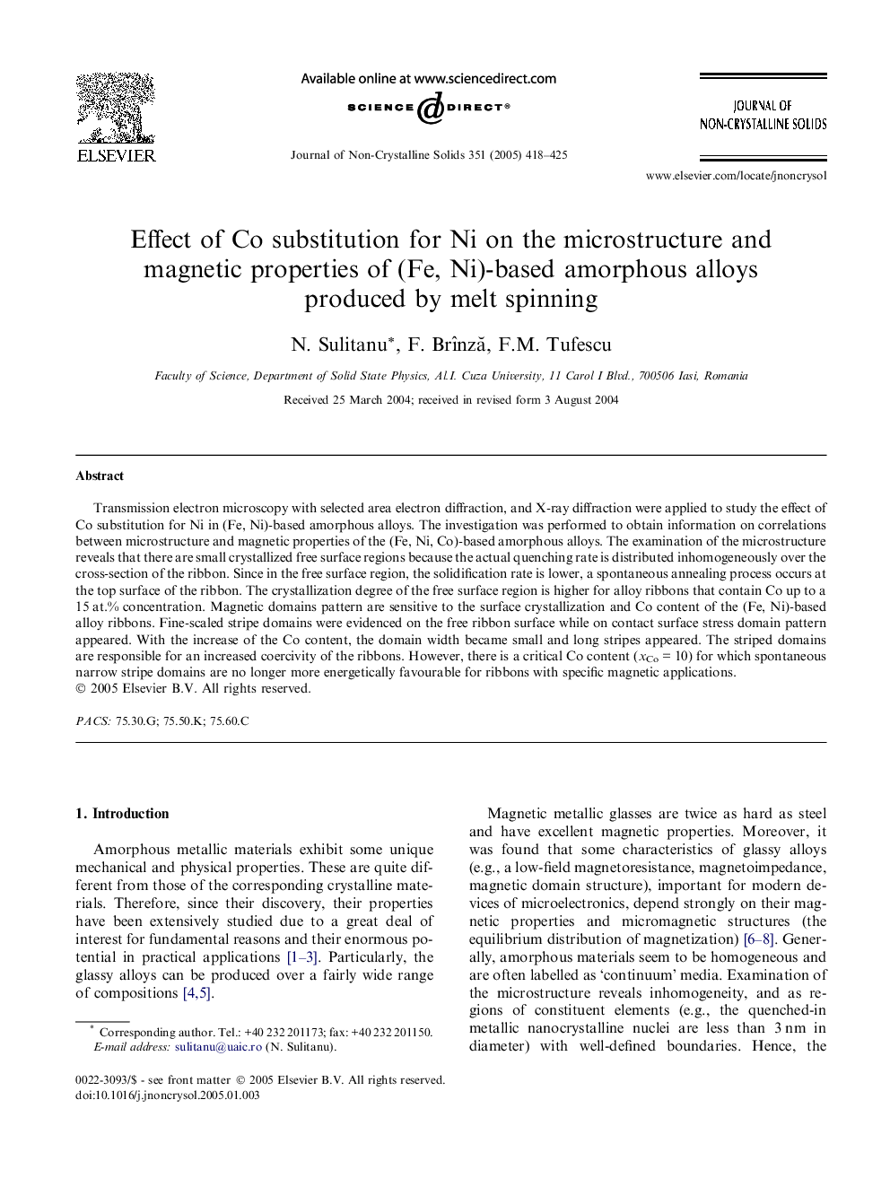 عکس صفحه اول مقاله: Effect of Co substitution for Ni on the microstructure and magnetic properties of (Fe, Ni)-based amorphous alloys produced by melt spinning Effect of Co substitution for Ni on the microstructure and magnetic properties of (Fe, Ni)-based amorphous alloys produced by melt spinning