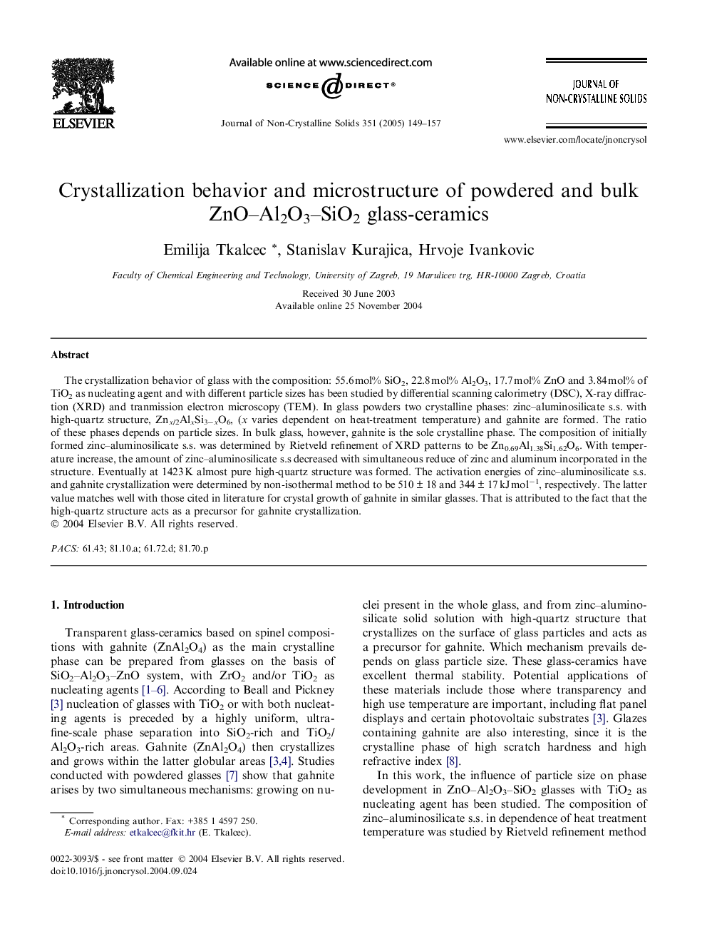 Crystallization behavior and microstructure of powdered and bulk ZnO-Al2O3-SiO2 glass-ceramics