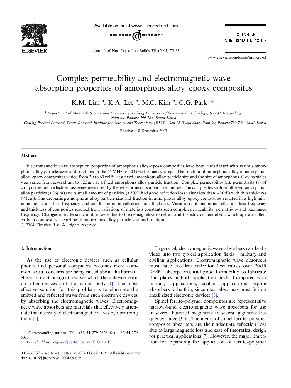 Complex permeability and electromagnetic wave absorption properties of amorphous alloy-epoxy composites